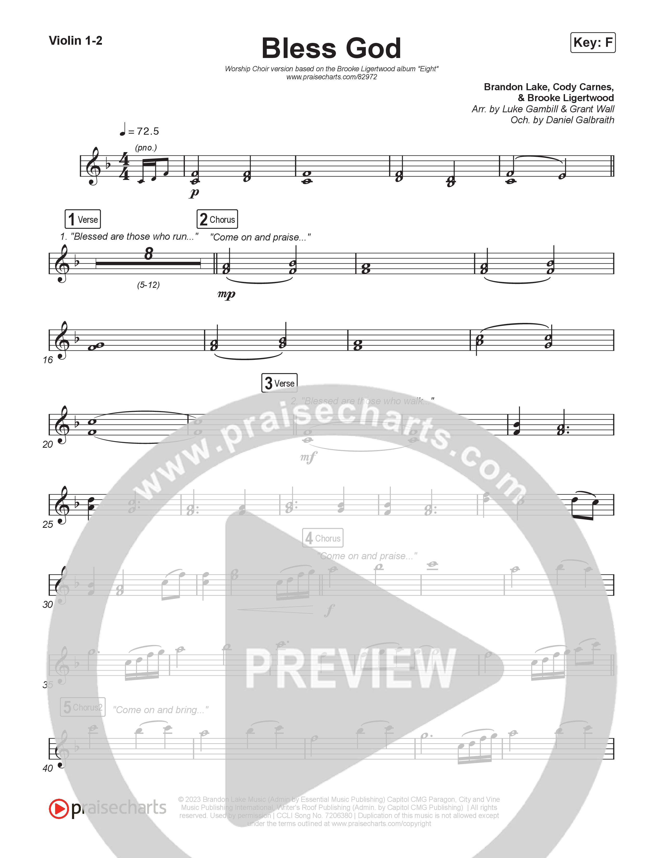 Bless God (Worship Choir/SAB) Violin 1/2 (Brooke Ligertwood / Arr. Luke Gambill)