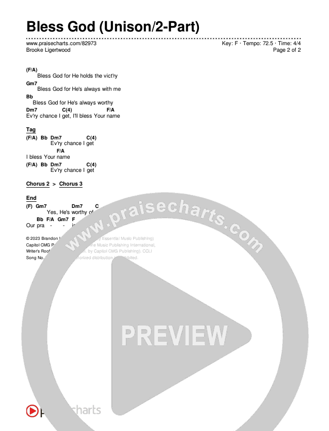 Bless God (Unison/2-Part) Chords & Lyrics (Brooke Ligertwood / Arr. Luke Gambill)