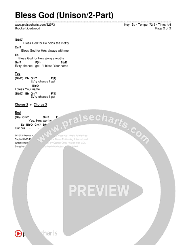 Bless God (Unison/2-Part) Chords & Lyrics (Brooke Ligertwood / Arr. Luke Gambill)