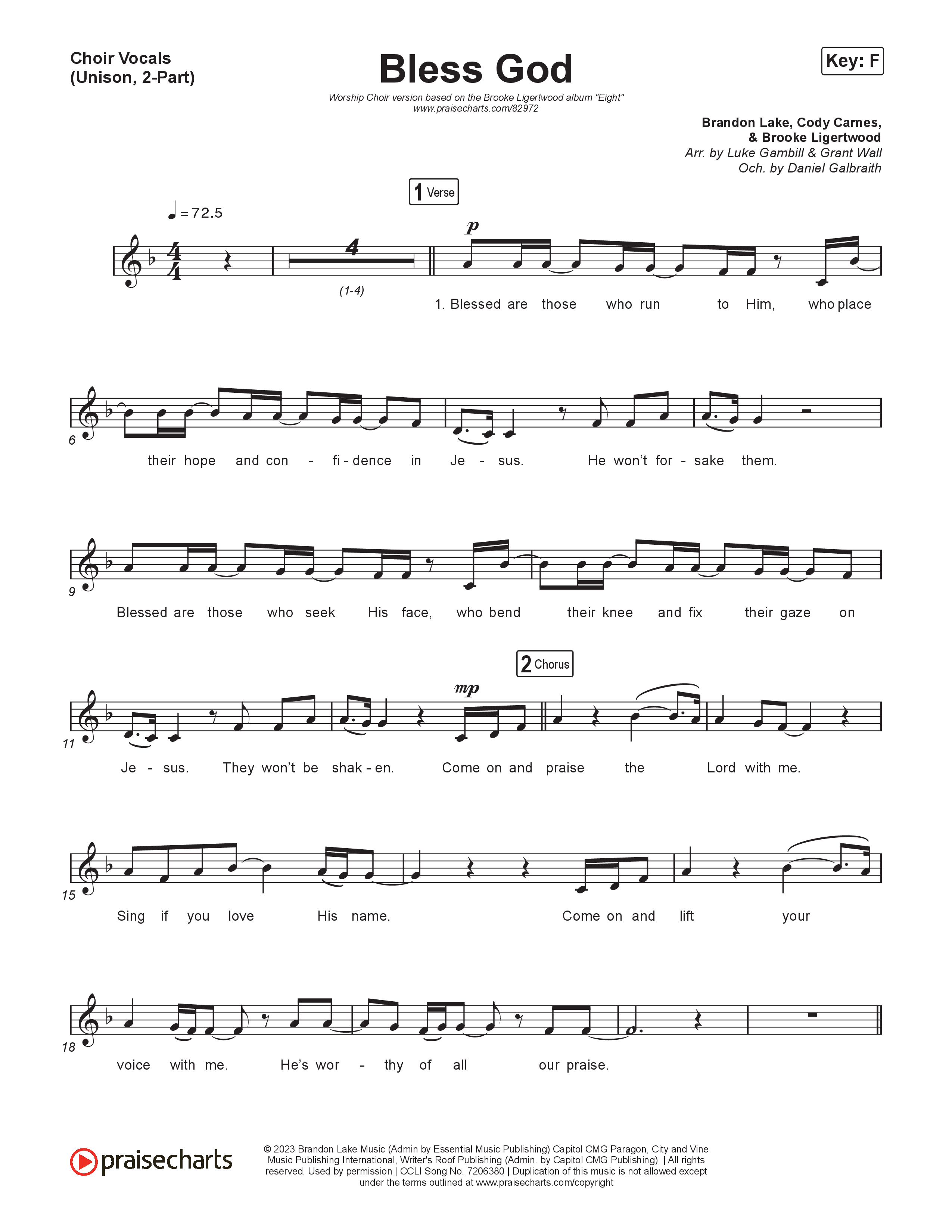 Bless God (Unison/2-Part) Choir Vocals (Uni/2-Part) (Brooke Ligertwood / Arr. Luke Gambill)