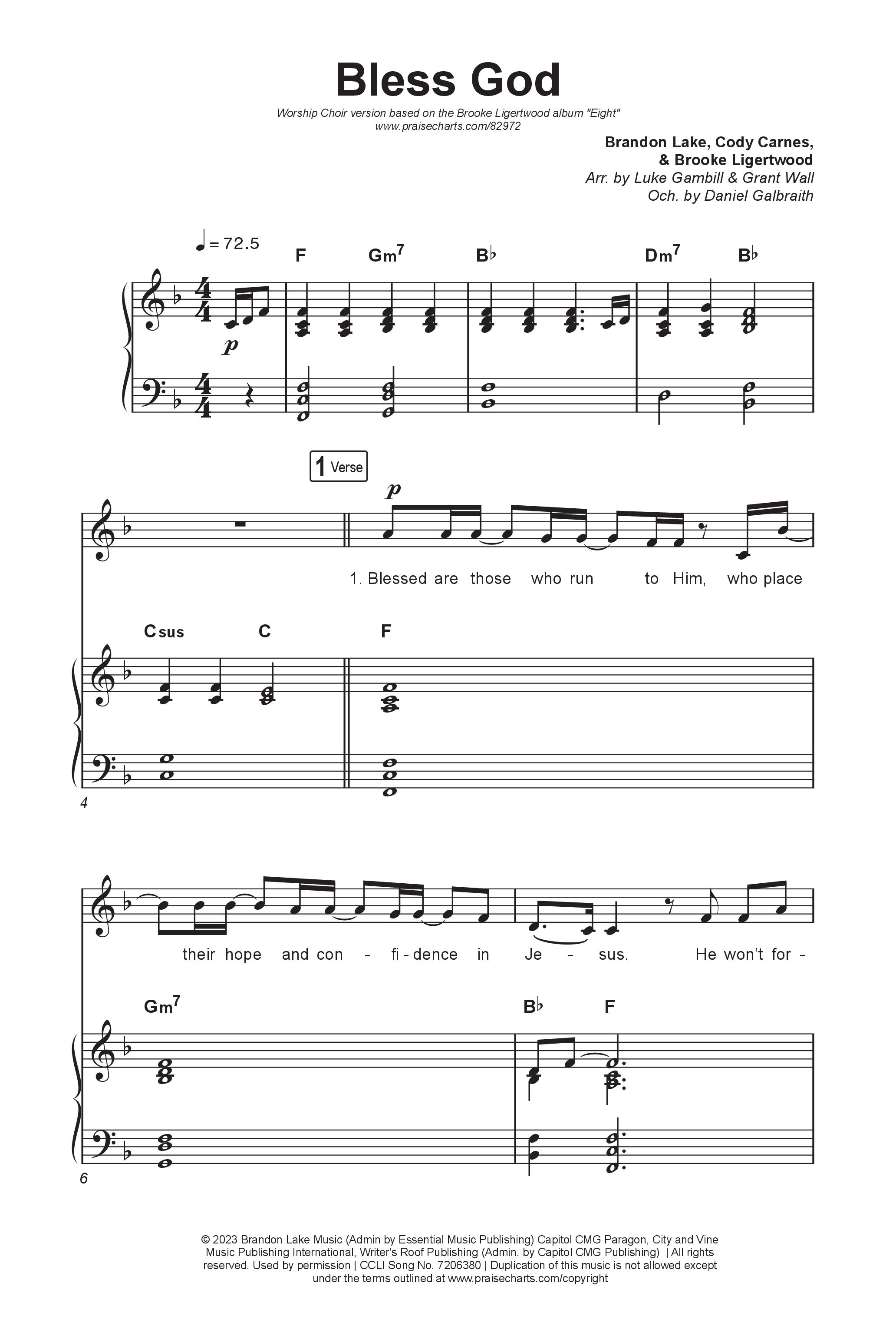 Bless God (Unison/2-Part) Octavo (Uni/2-Part & Pno) (Brooke Ligertwood / Arr. Luke Gambill)