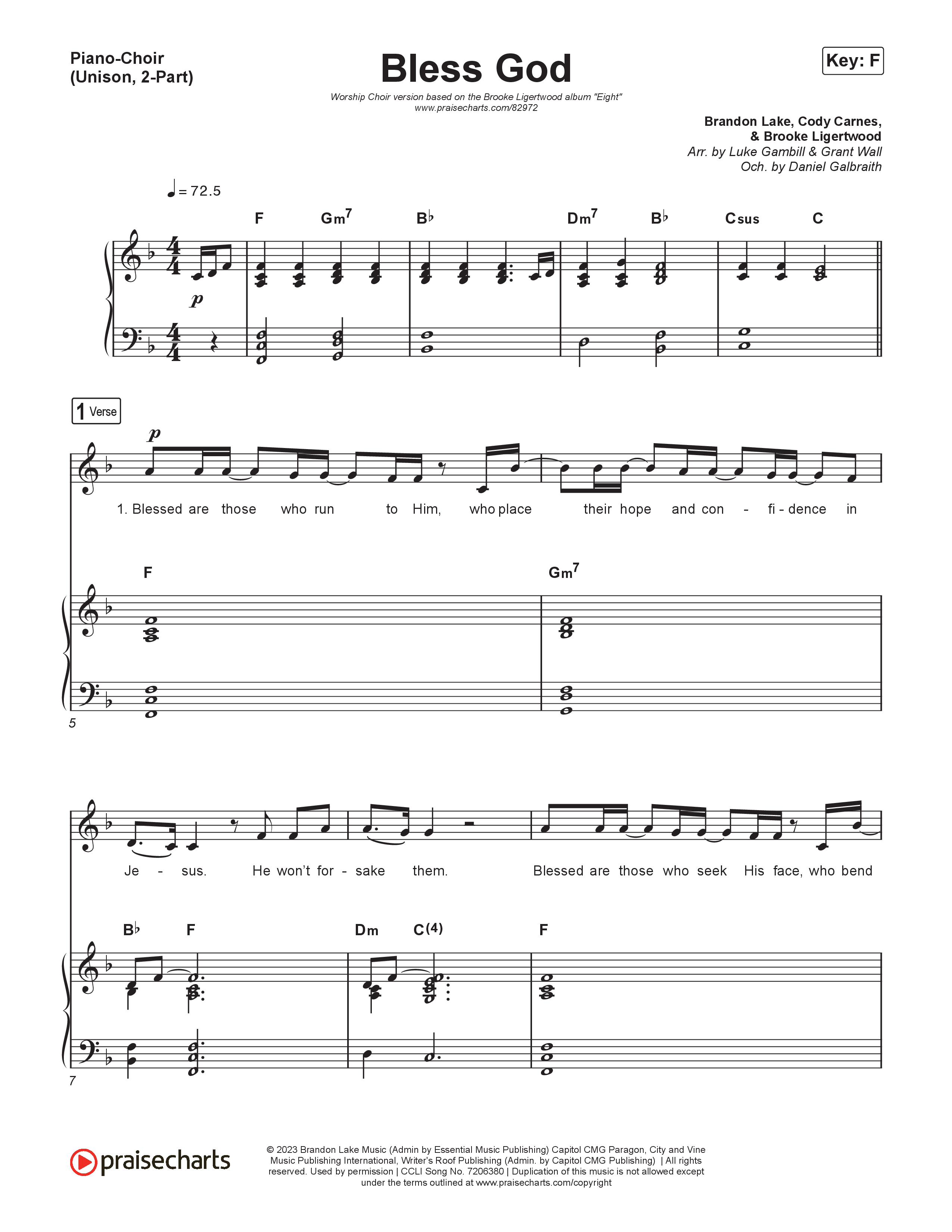 Bless God (Unison/2-Part) Piano/Choir  (Uni/2-Part) (Brooke Ligertwood / Arr. Luke Gambill)