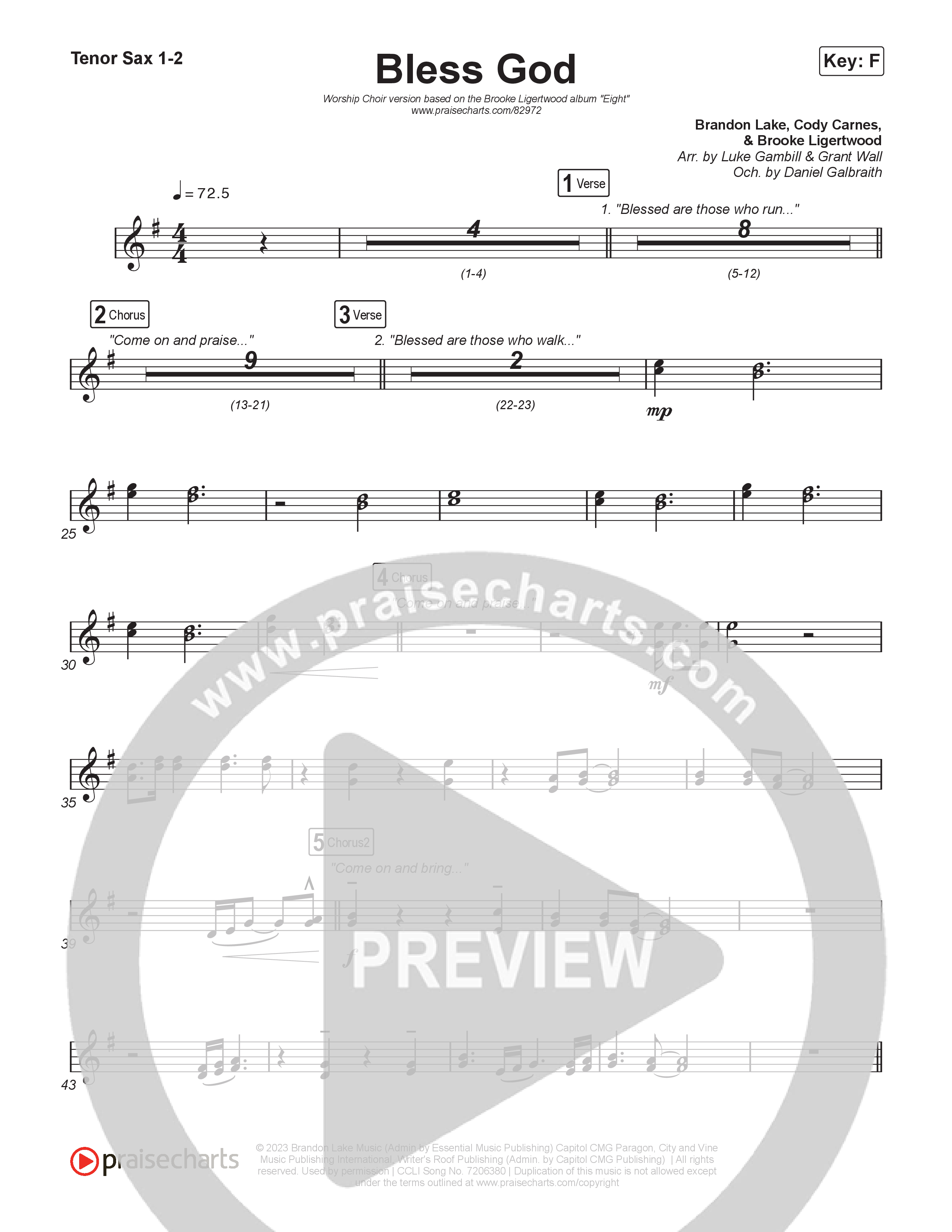 Bless God (Unison/2-Part) Tenor Sax 1/2 (Brooke Ligertwood / Arr. Luke Gambill)