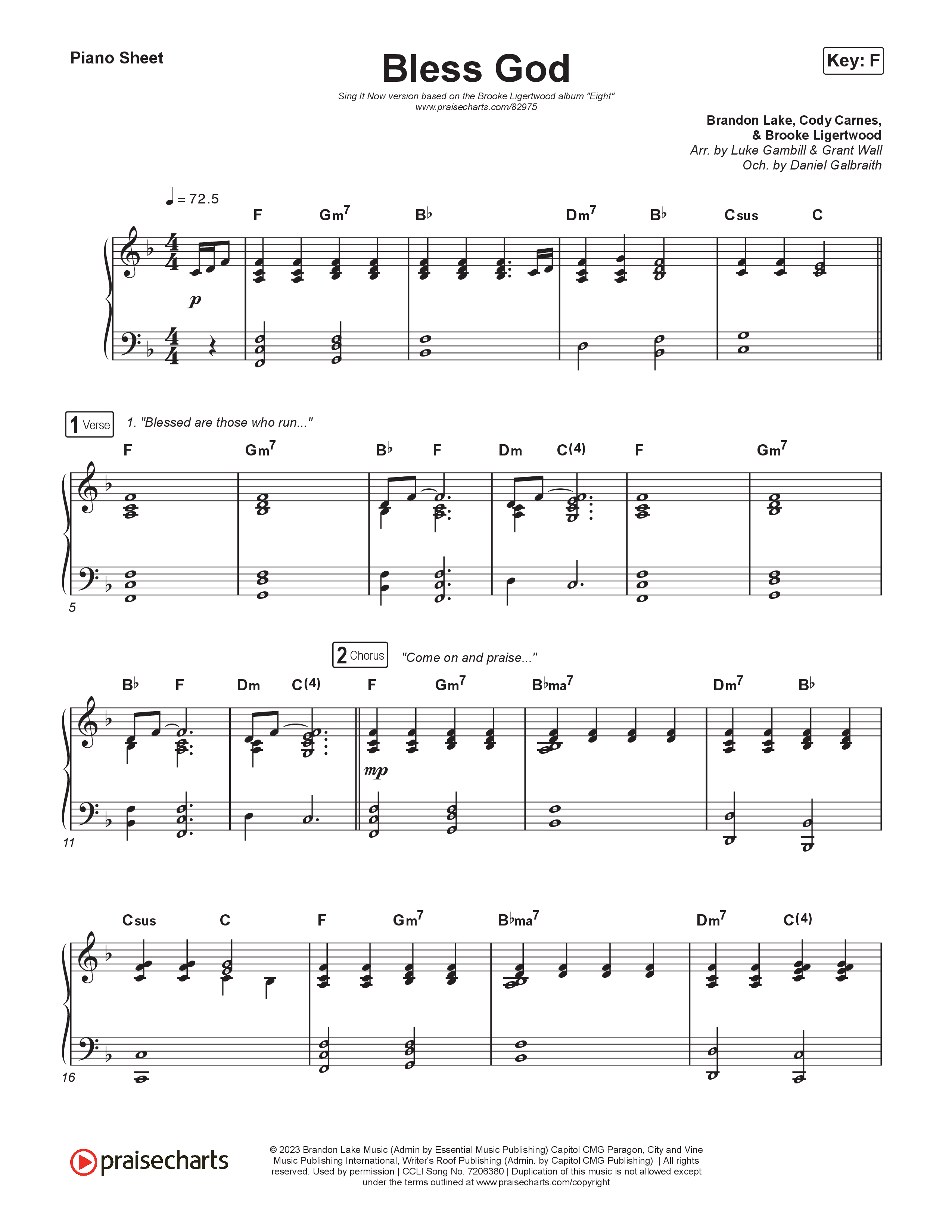 Bless God (Sing It Now) Piano Sheet (Brooke Ligertwood / Arr. Luke Gambill)