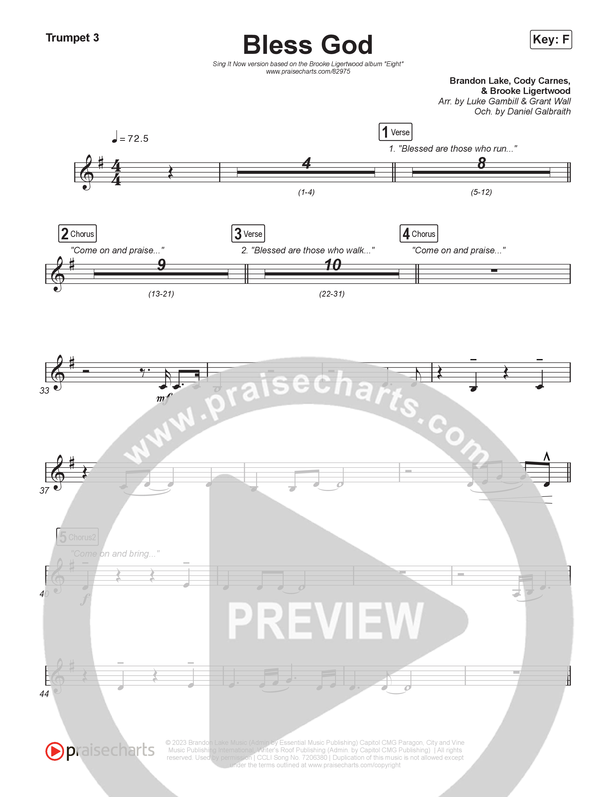 Bless God (Sing It Now) Trumpet 3 (Brooke Ligertwood / Arr. Luke Gambill)