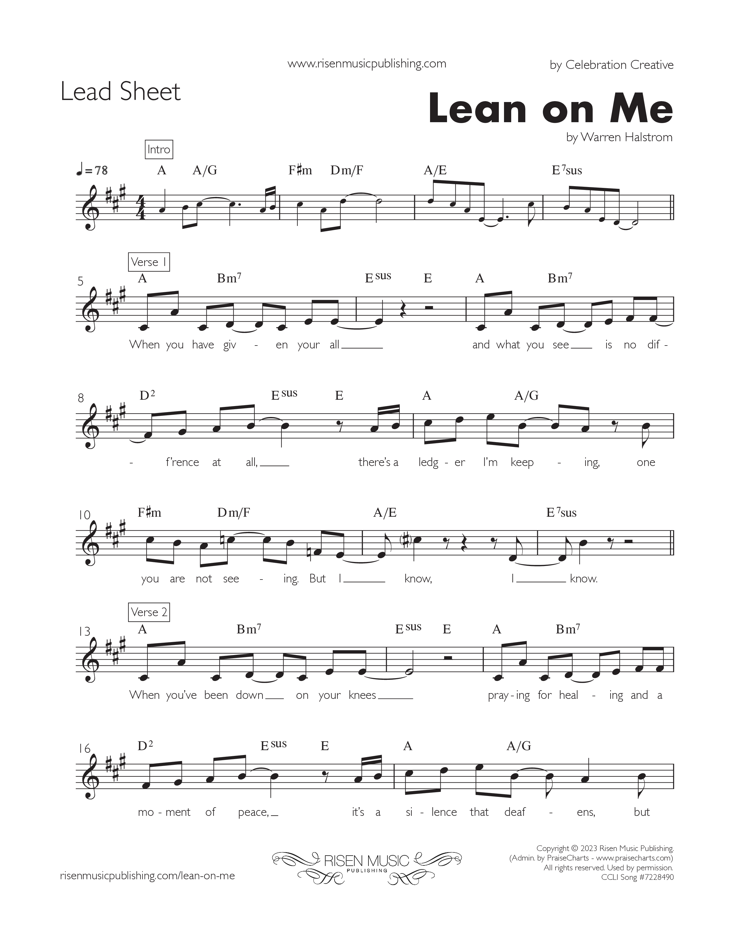 Lean On Me Lead Sheet (SAT) (Celebration Creative)