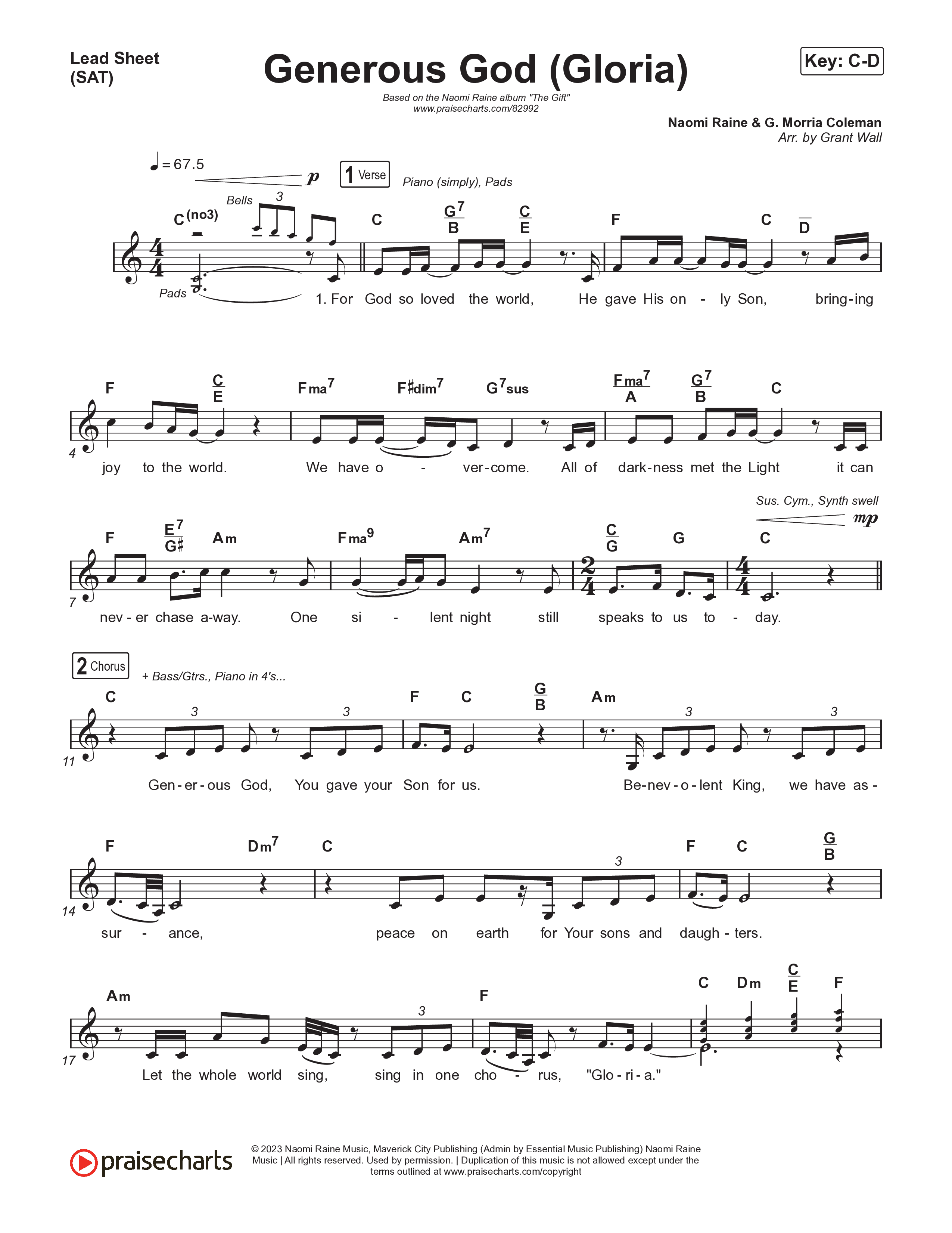 Generous God (Gloria) Lead Sheet (SAT) (Naomi Raine)