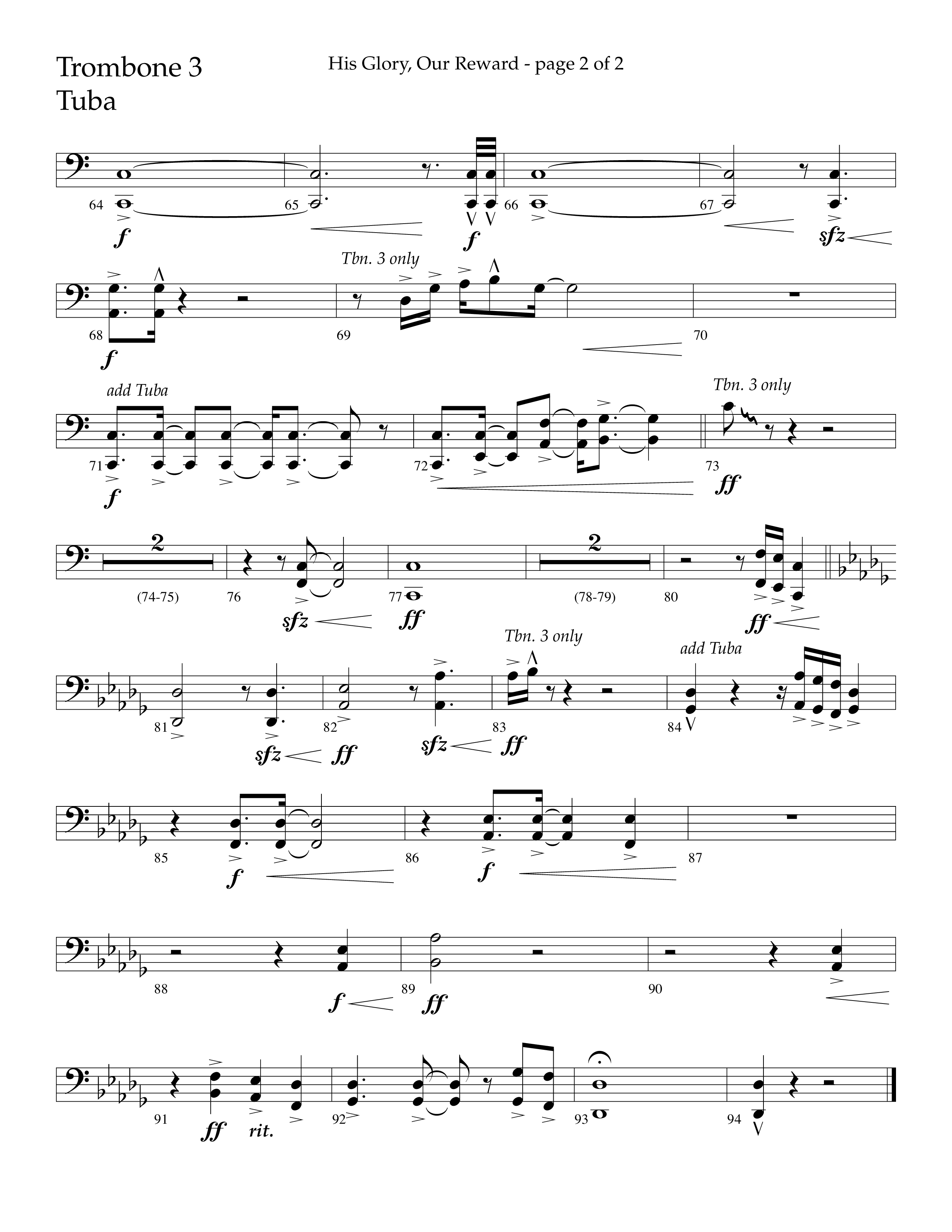 His Glory Our Reward (Choral Anthem SATB) Trombone 3/Tuba (Lifeway Choral / Arr. Cliff Duren)