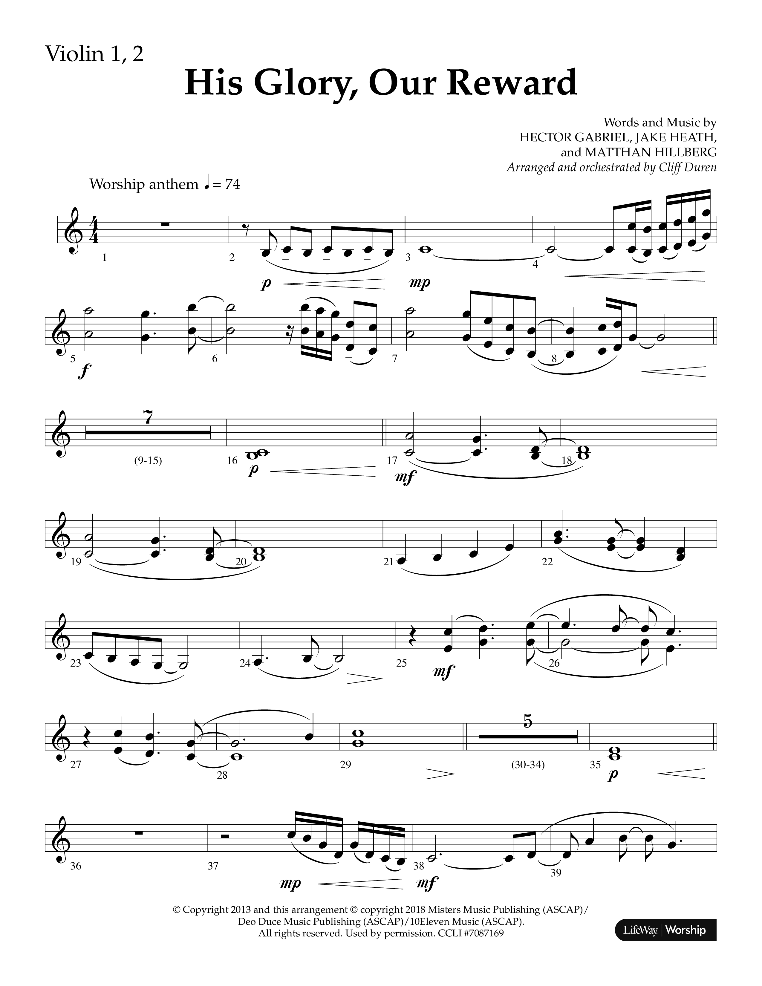 His Glory Our Reward (Choral Anthem SATB) Violin 1/2 (Lifeway Choral / Arr. Cliff Duren)