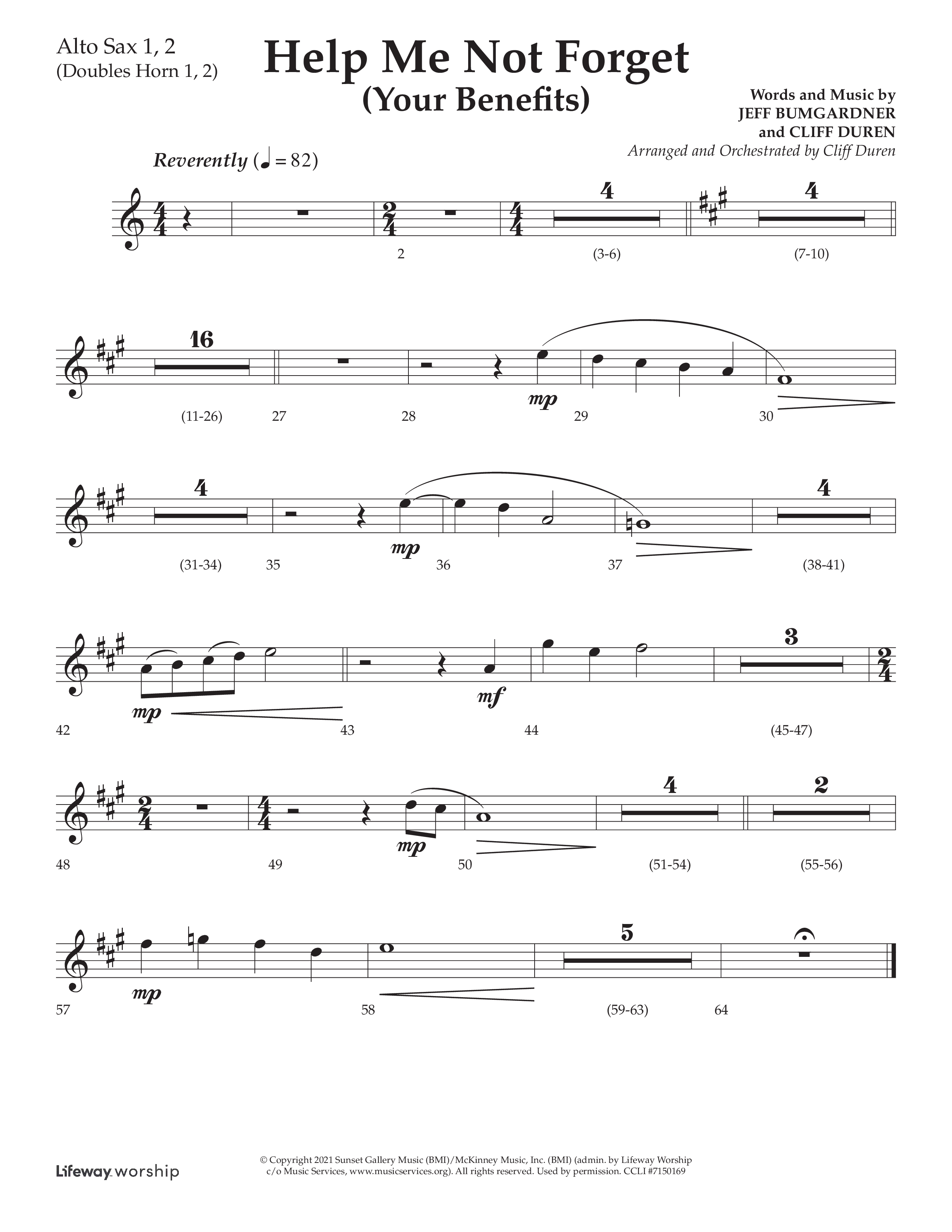 Help Me Not Forget (Your Benefits) (Choral Anthem SATB) Alto Sax 1/2 (Lifeway Choral / Arr. Cliff Duren)