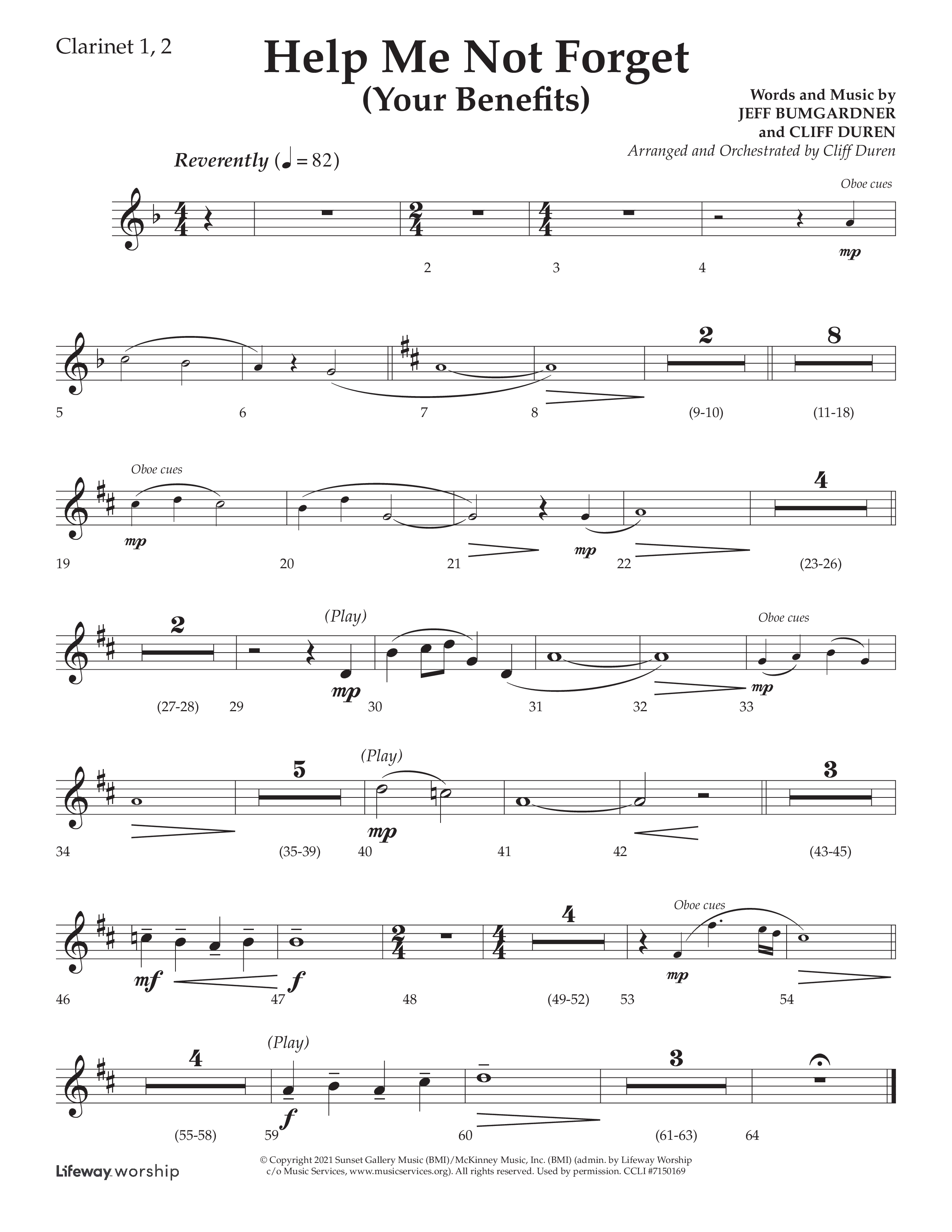Help Me Not Forget (Your Benefits) (Choral Anthem SATB) Clarinet 1/2 (Lifeway Choral / Arr. Cliff Duren)