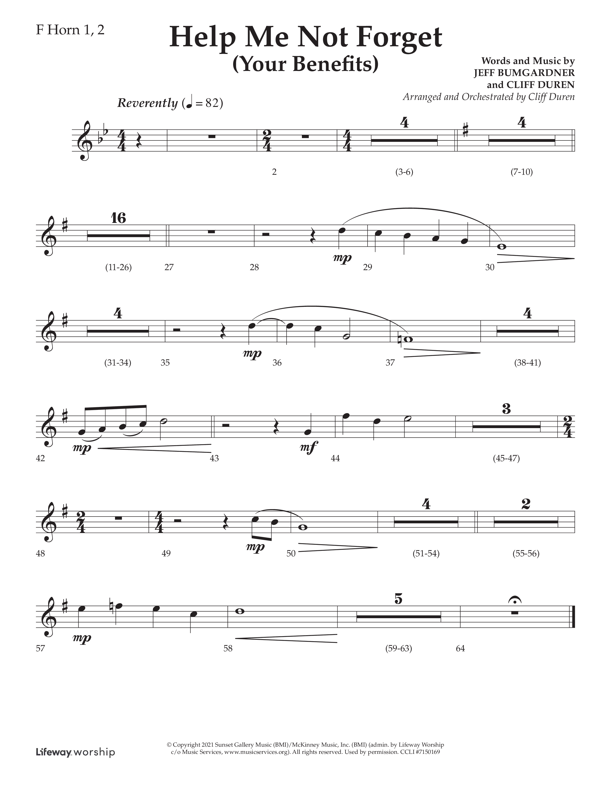 Help Me Not Forget (Your Benefits) (Choral Anthem SATB) French Horn 1/2 (Lifeway Choral / Arr. Cliff Duren)