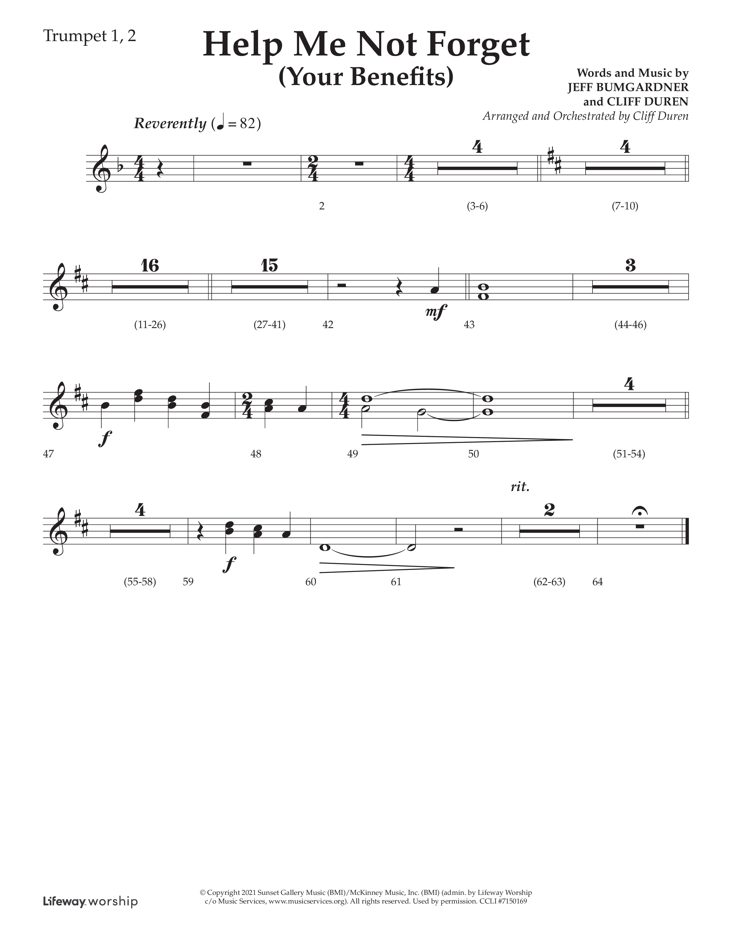 Help Me Not Forget (Your Benefits) (Choral Anthem SATB) Trumpet 1,2 (Lifeway Choral / Arr. Cliff Duren)