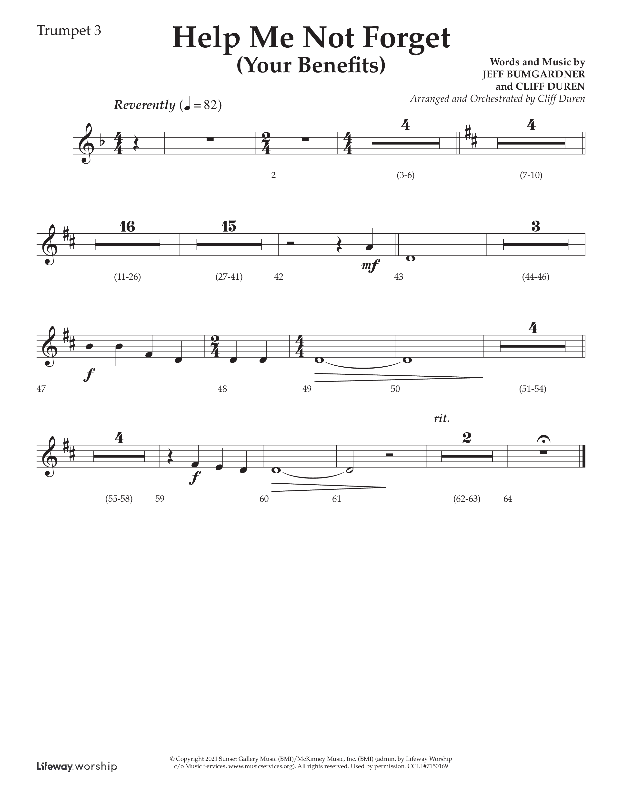 Help Me Not Forget (Your Benefits) (Choral Anthem SATB) Trumpet 3 (Lifeway Choral / Arr. Cliff Duren)