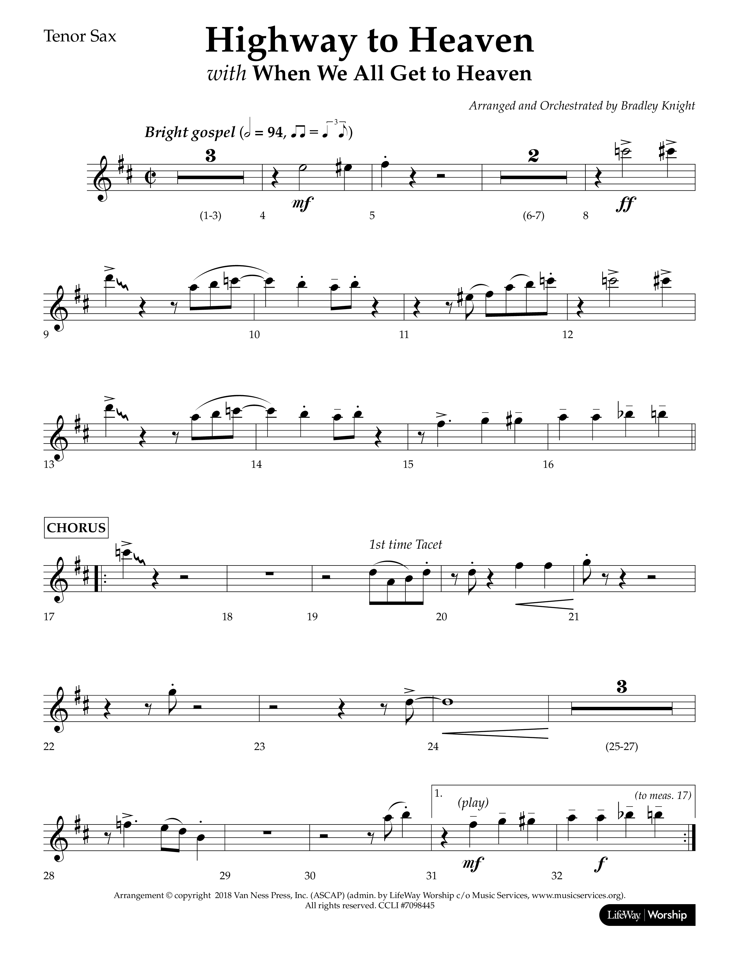 Highway To Heaven with When We All Get To Heaven (Choral Anthem SATB) Tenor Sax 1 (Lifeway Choral / Arr. Bradley Knight)
