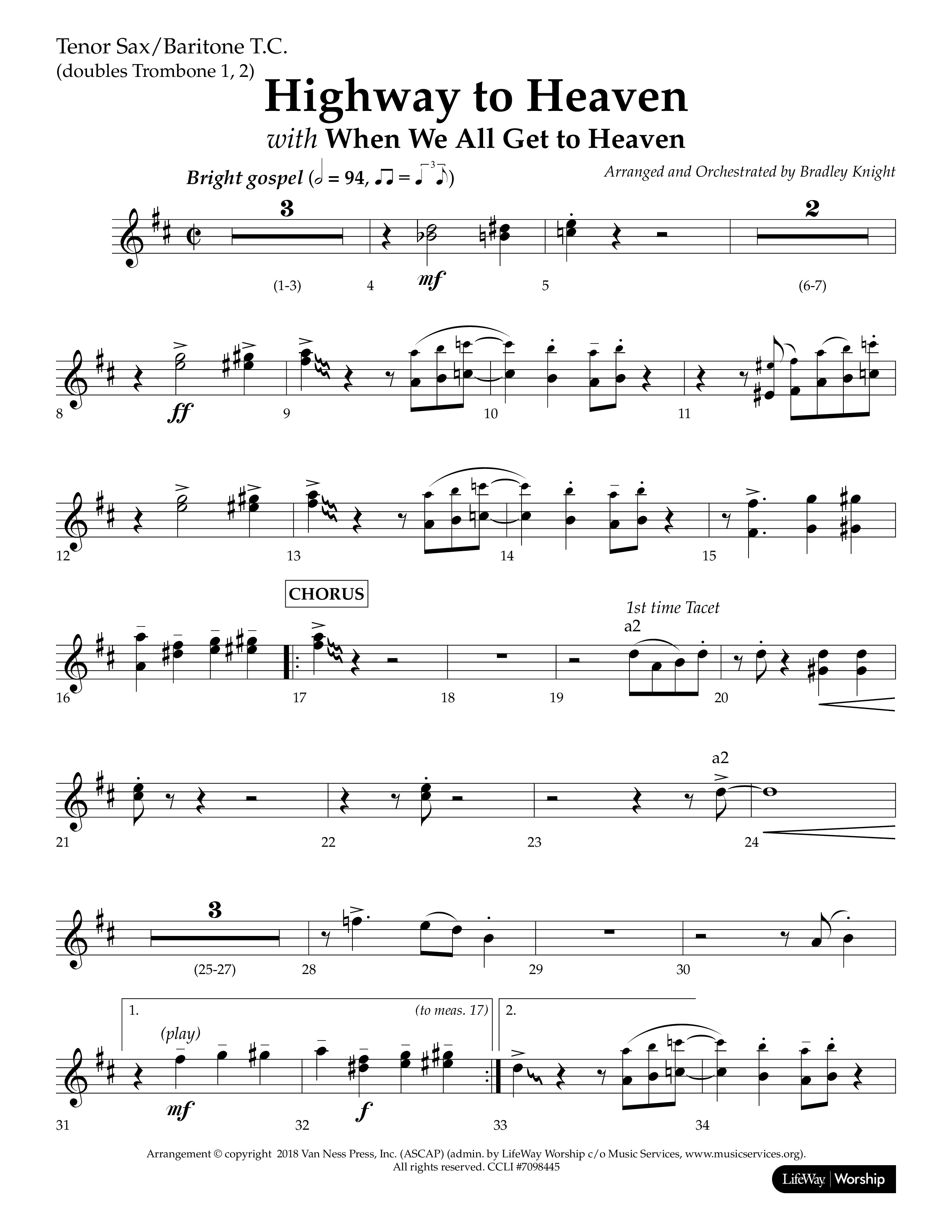 Highway To Heaven with When We All Get To Heaven (Choral Anthem SATB) Tenor Sax/Baritone T.C. (Lifeway Choral / Arr. Bradley Knight)