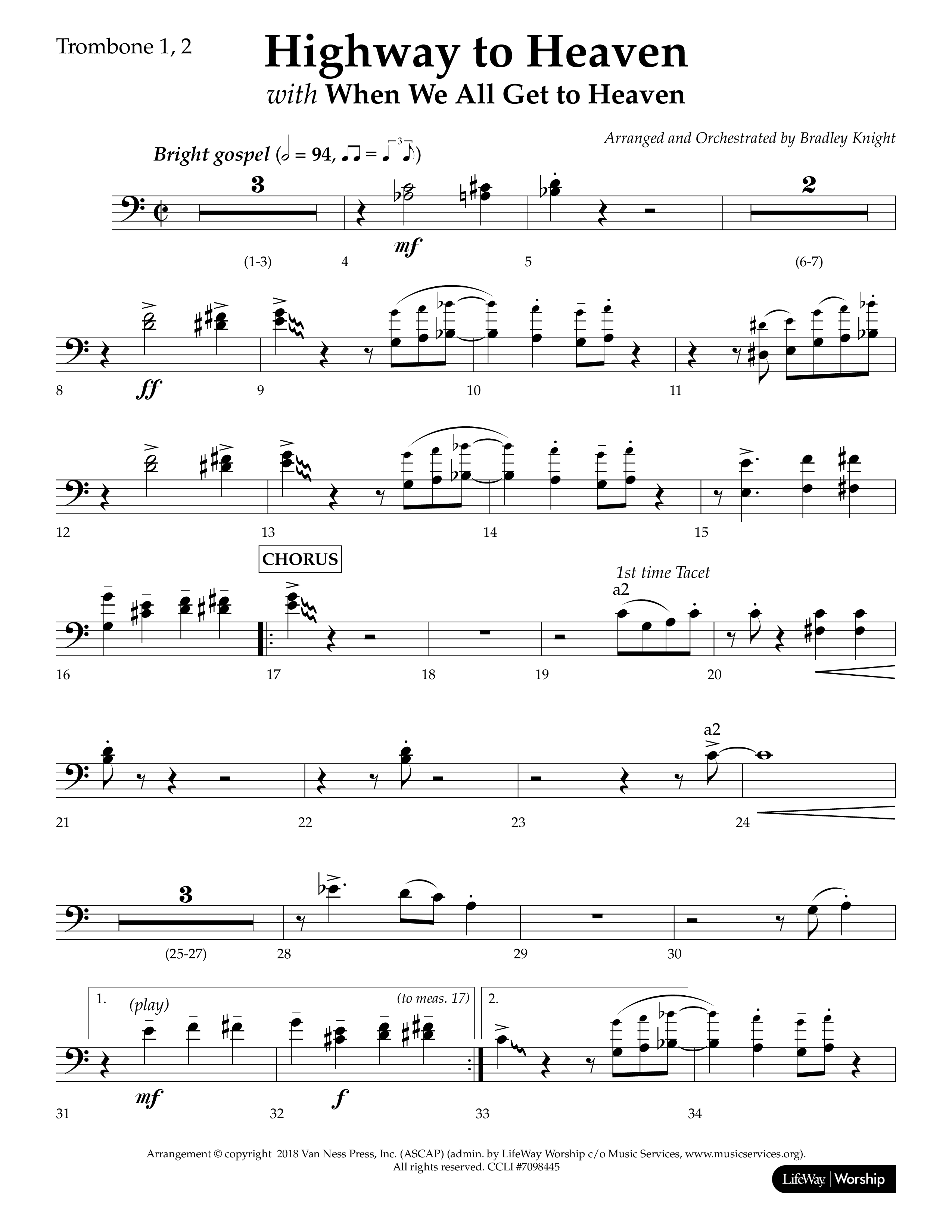 Highway To Heaven with When We All Get To Heaven (Choral Anthem SATB) Trombone 1/2 (Lifeway Choral / Arr. Bradley Knight)