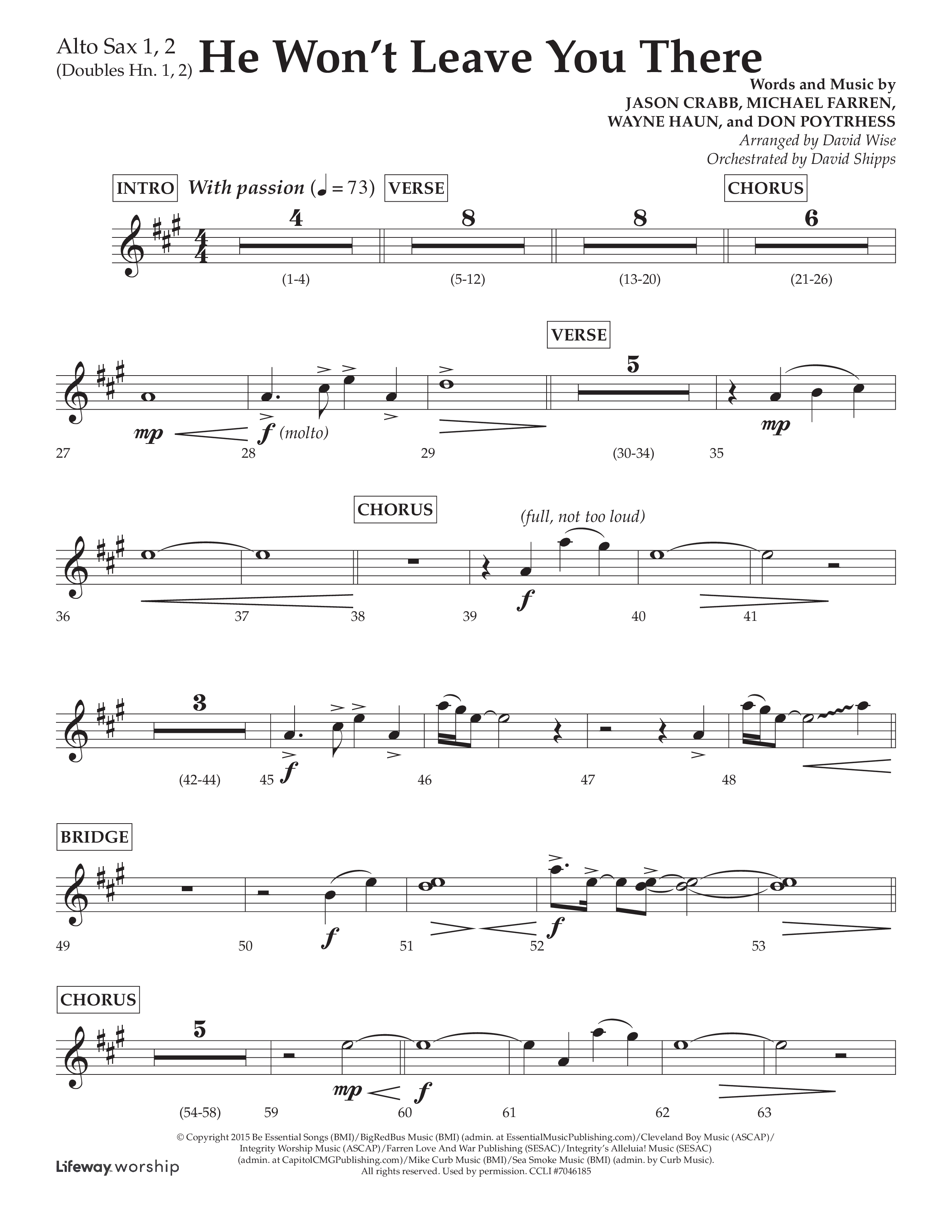 He Won't Leave You There (Choral Anthem SATB) Alto Sax 1/2 (Lifeway Choral / Arr. David Wise / Orch. David Shipps)