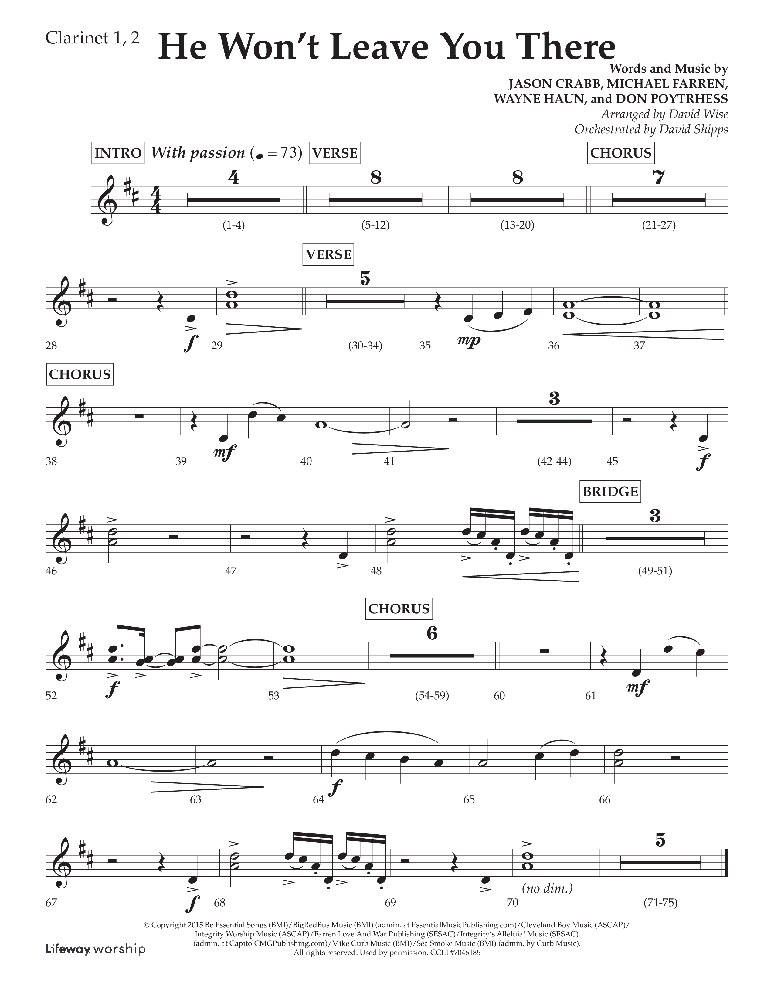 He Won't Leave You There (Choral Anthem SATB) Clarinet 1/2 (Lifeway Choral / Arr. David Wise / Orch. David Shipps)