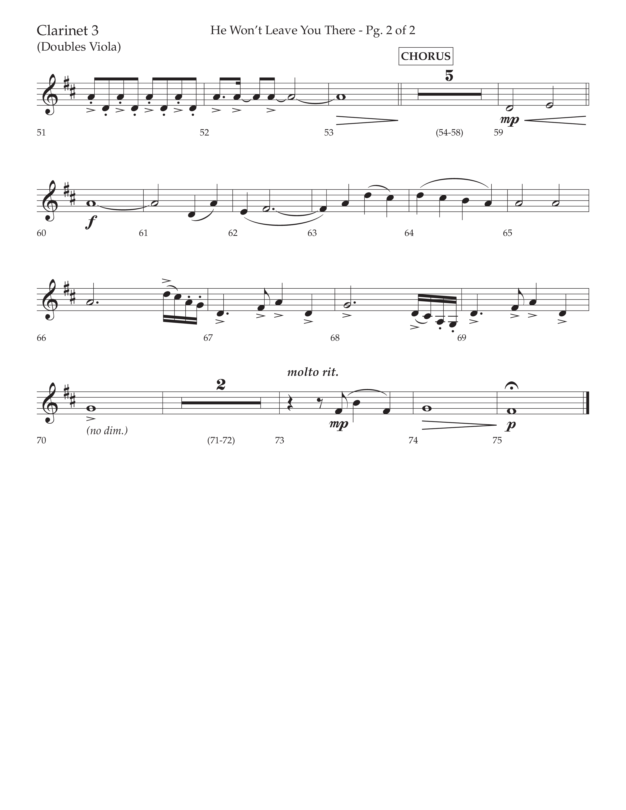 He Won't Leave You There (Choral Anthem SATB) Clarinet 3 (Lifeway Choral / Arr. David Wise / Orch. David Shipps)
