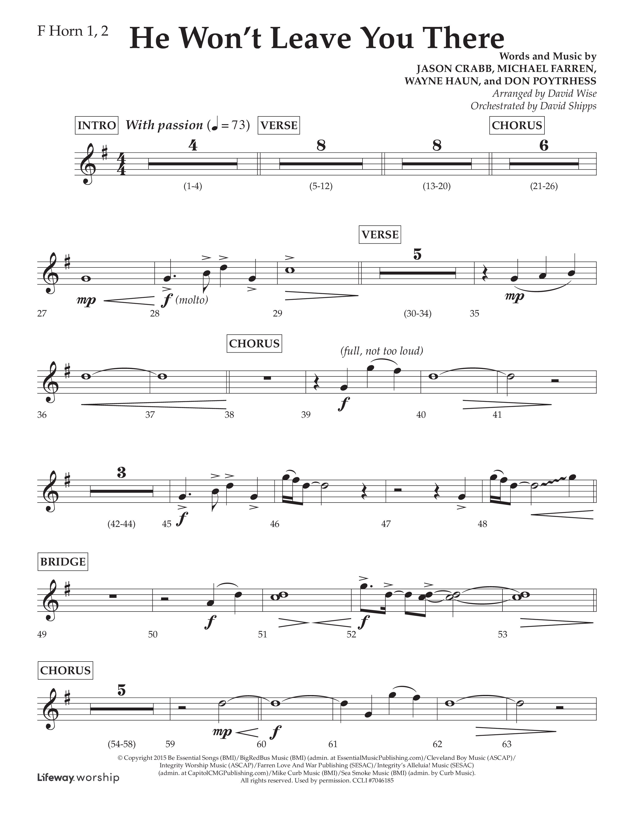 He Won't Leave You There (Choral Anthem SATB) French Horn 1/2 (Lifeway Choral / Arr. David Wise / Orch. David Shipps)