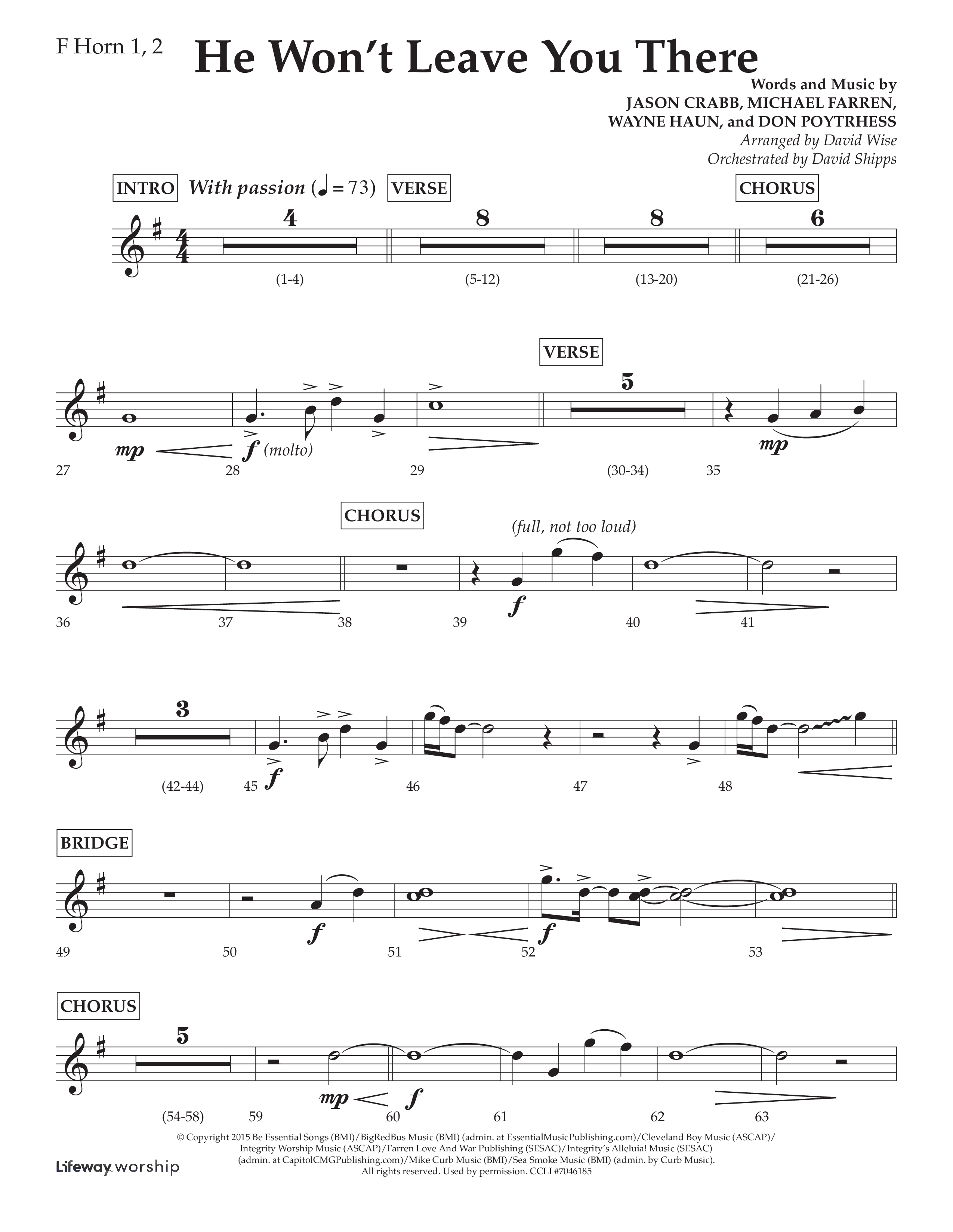 He Won't Leave You There (Choral Anthem SATB) French Horn 1/2 (Lifeway Choral / Arr. David Wise / Orch. David Shipps)