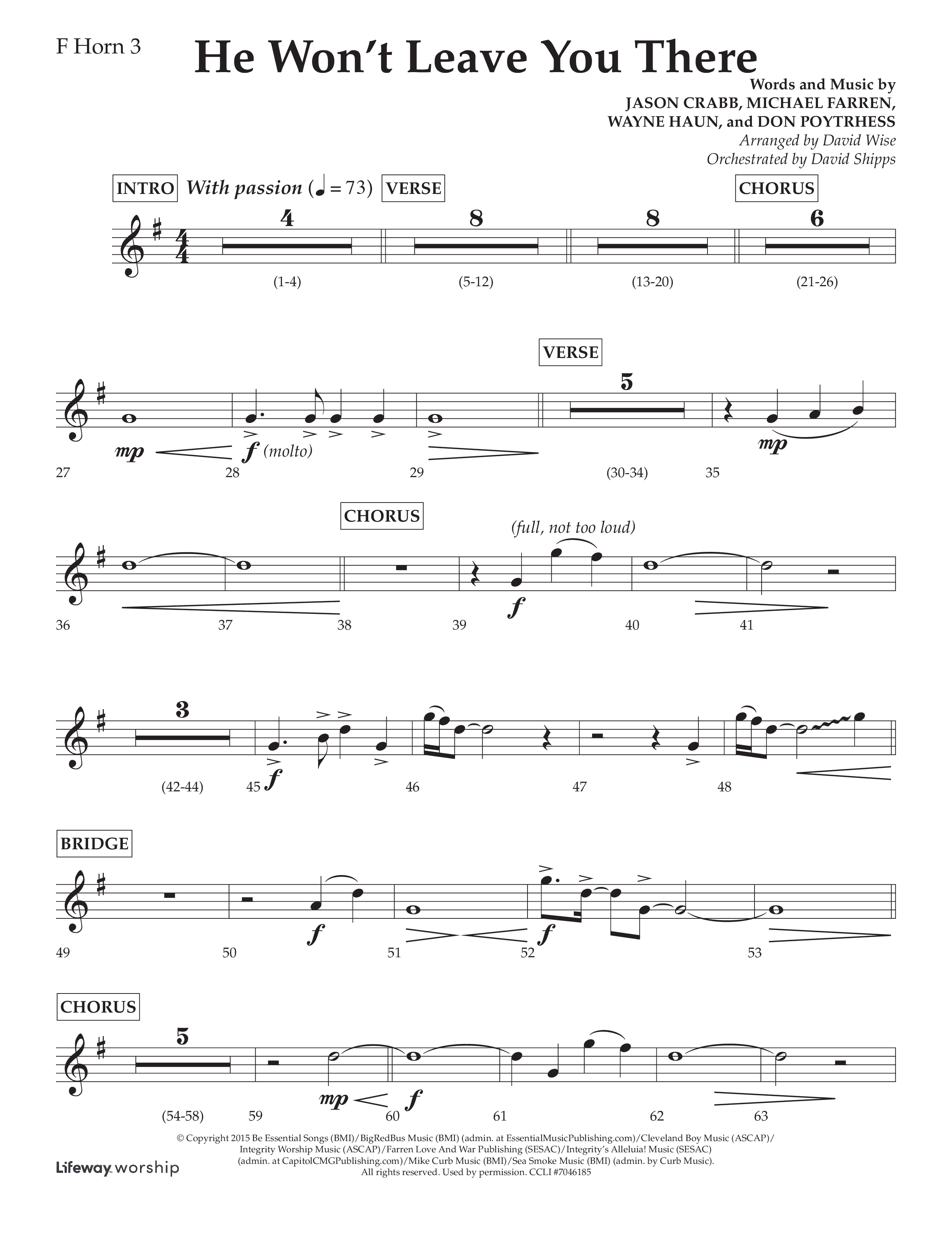 He Won't Leave You There (Choral Anthem SATB) French Horn 3 (Lifeway Choral / Arr. David Wise / Orch. David Shipps)