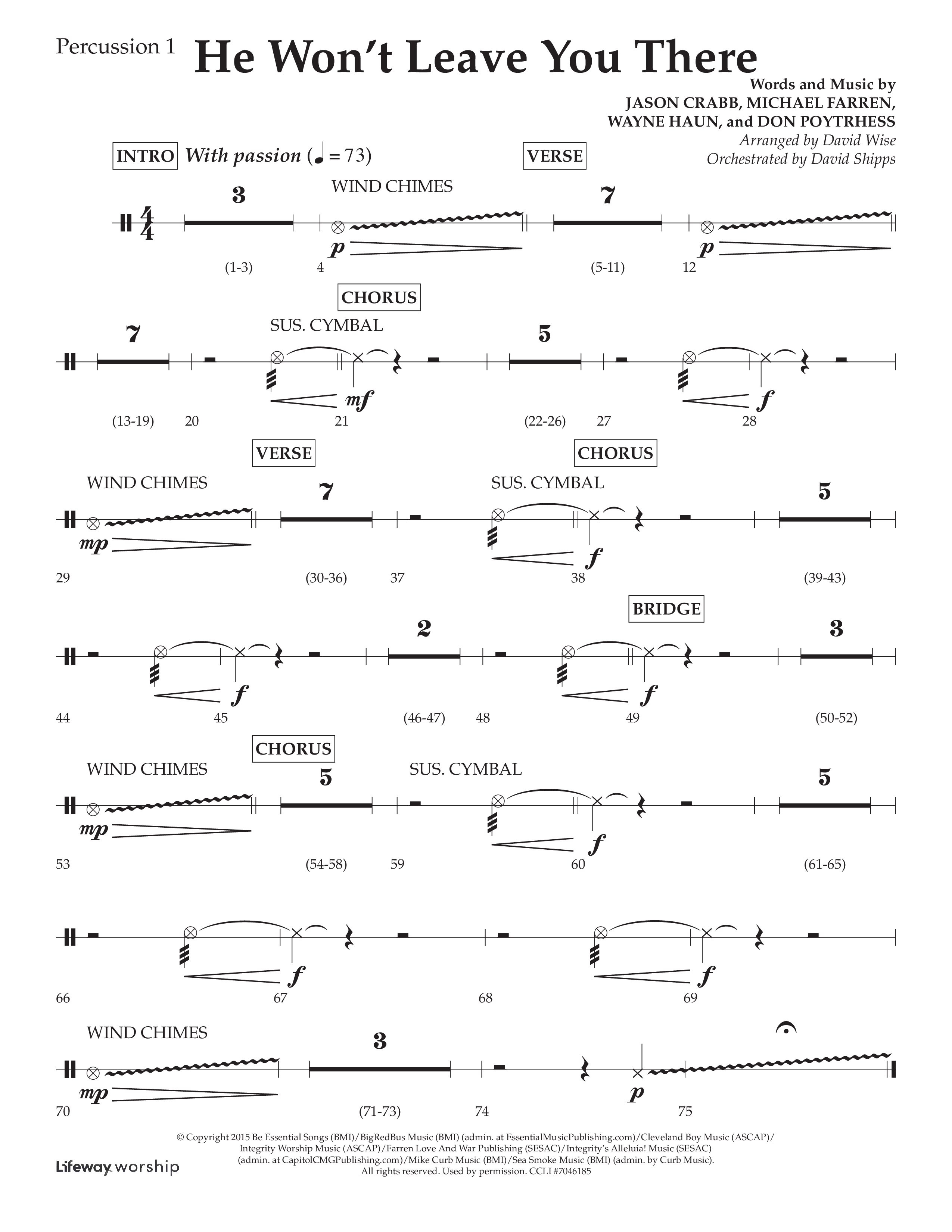 He Won't Leave You There (Choral Anthem SATB) Percussion 1/2 (Lifeway Choral / Arr. David Wise / Orch. David Shipps)