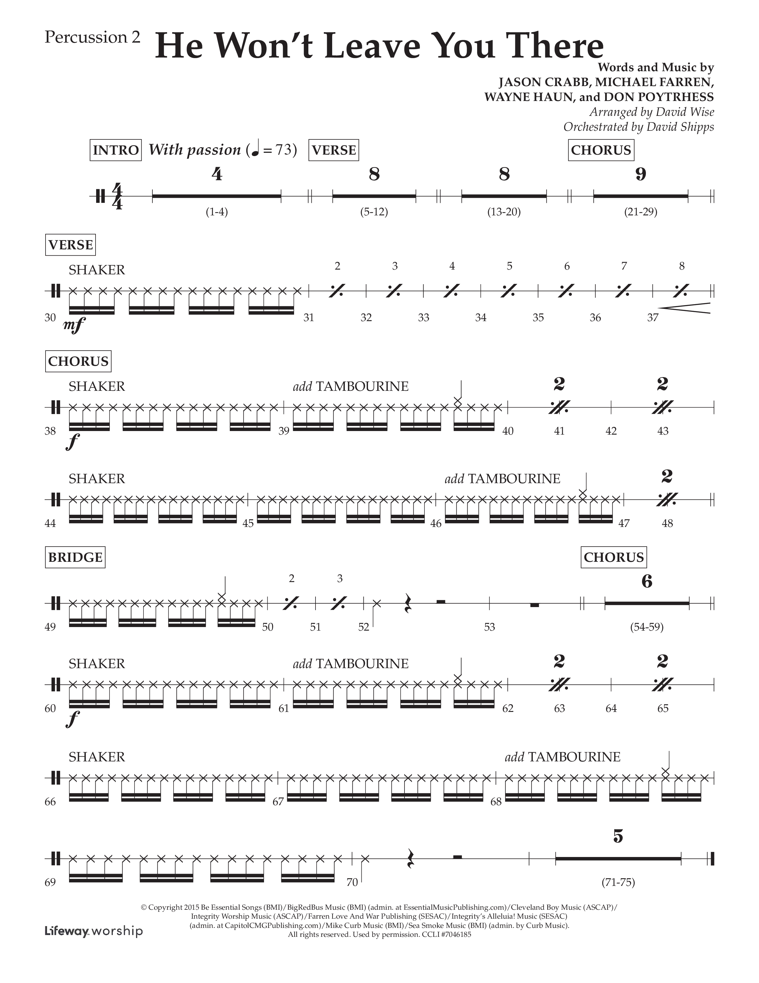 He Won't Leave You There (Choral Anthem SATB) Percussion 1/2 (Lifeway Choral / Arr. David Wise / Orch. David Shipps)