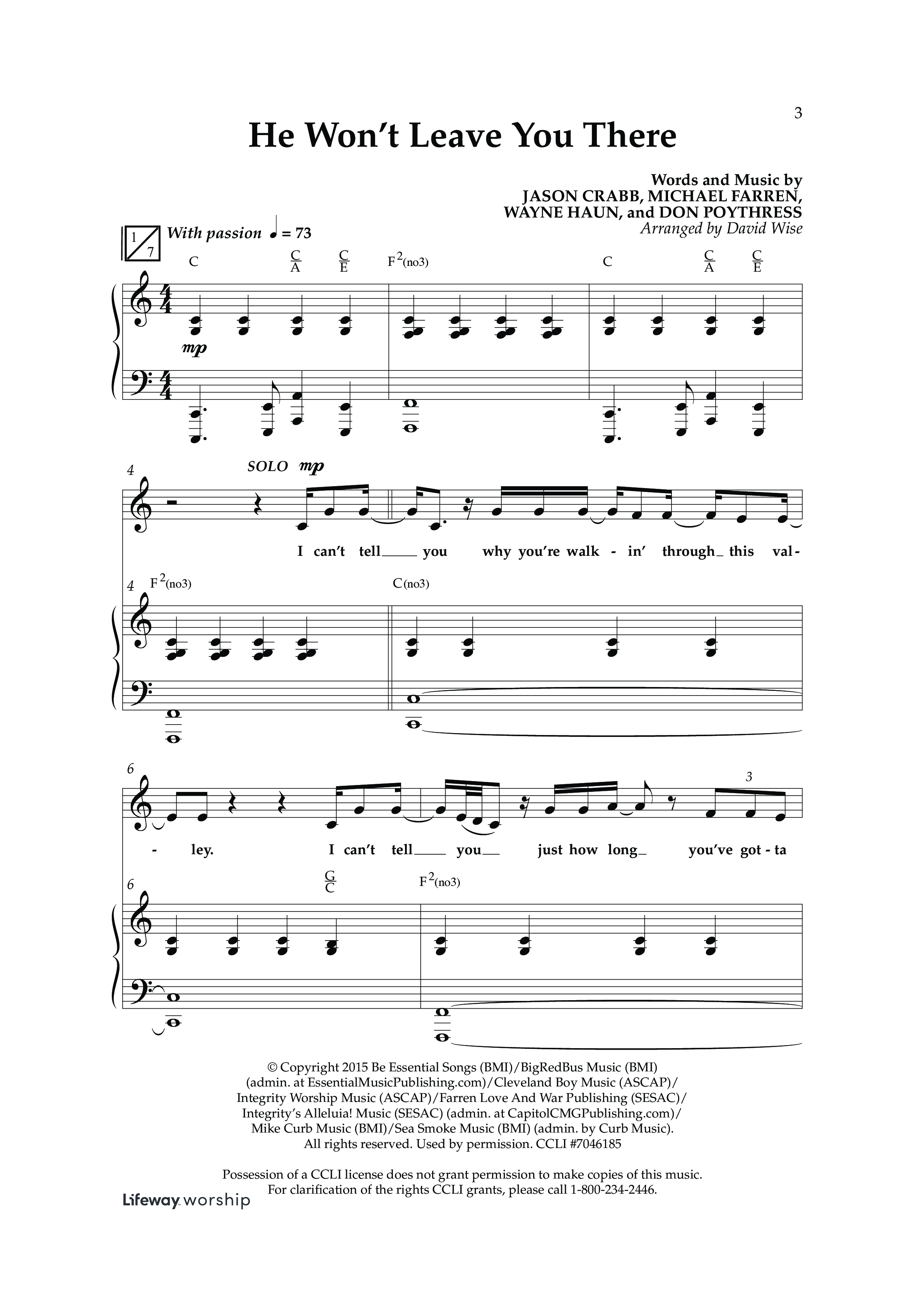 He Won't Leave You There (Choral Anthem SATB) Anthem (SATB/Piano) (Lifeway Choral / Arr. David Wise / Orch. David Shipps)