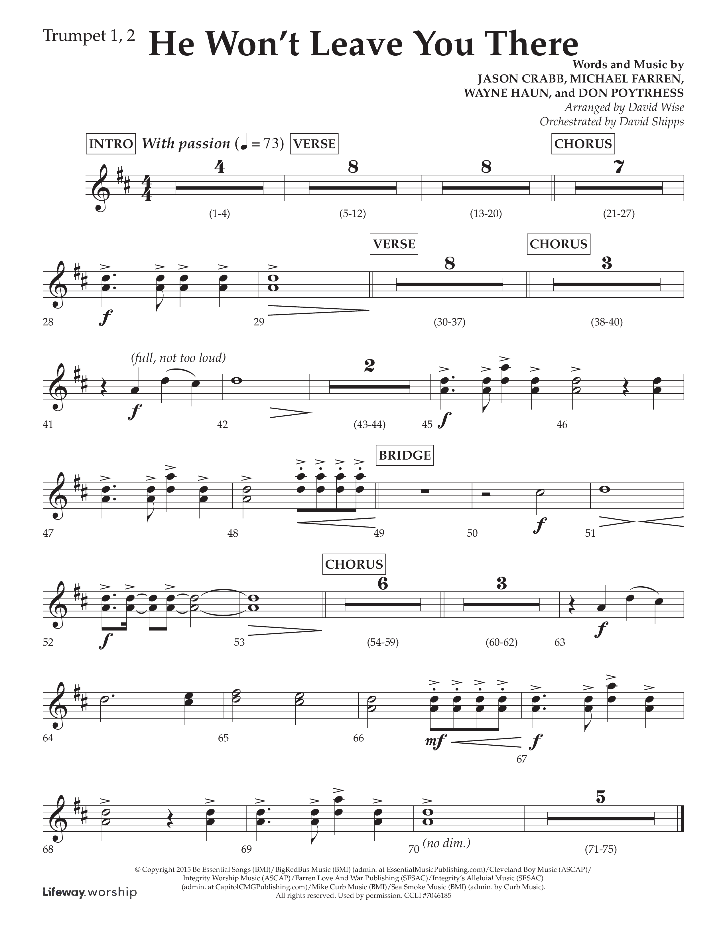 He Won't Leave You There (Choral Anthem SATB) Trumpet 1,2 (Lifeway Choral / Arr. David Wise / Orch. David Shipps)
