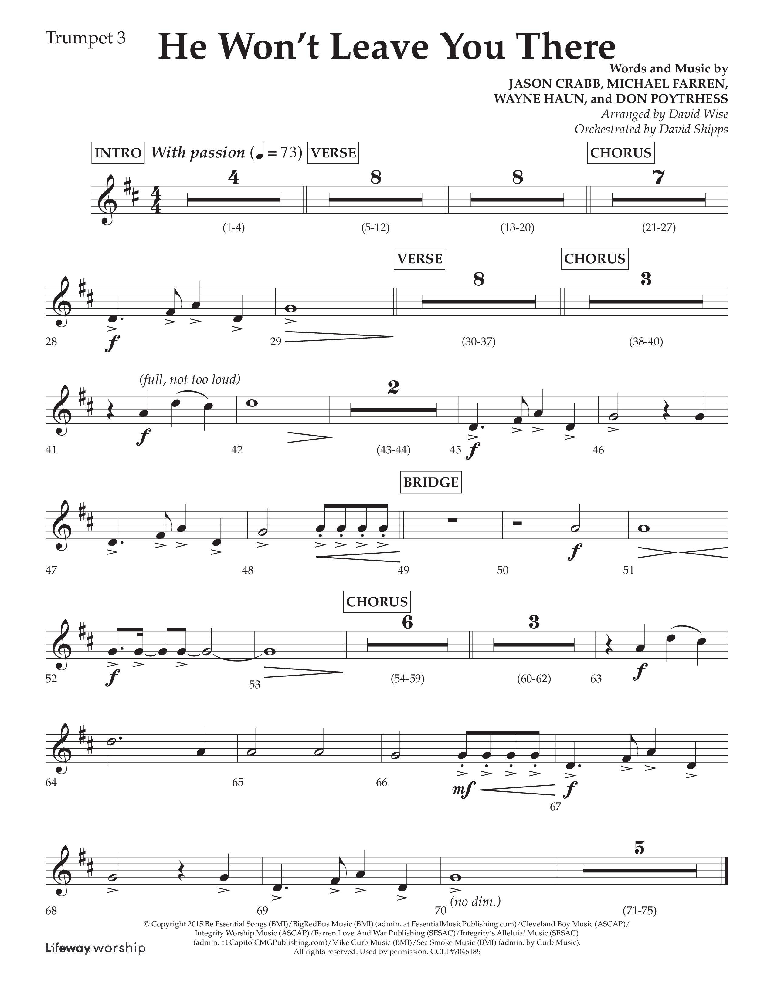 He Won't Leave You There (Choral Anthem SATB) Trumpet 3 (Lifeway Choral / Arr. David Wise / Orch. David Shipps)