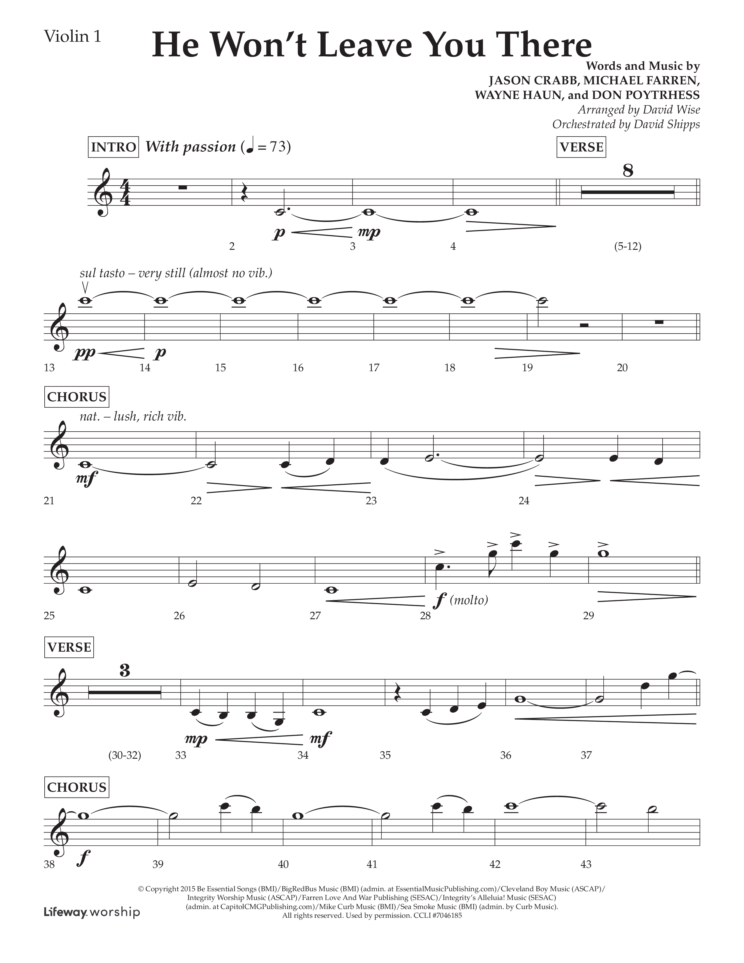 He Won't Leave You There (Choral Anthem SATB) Violin 1 (Lifeway Choral / Arr. David Wise / Orch. David Shipps)