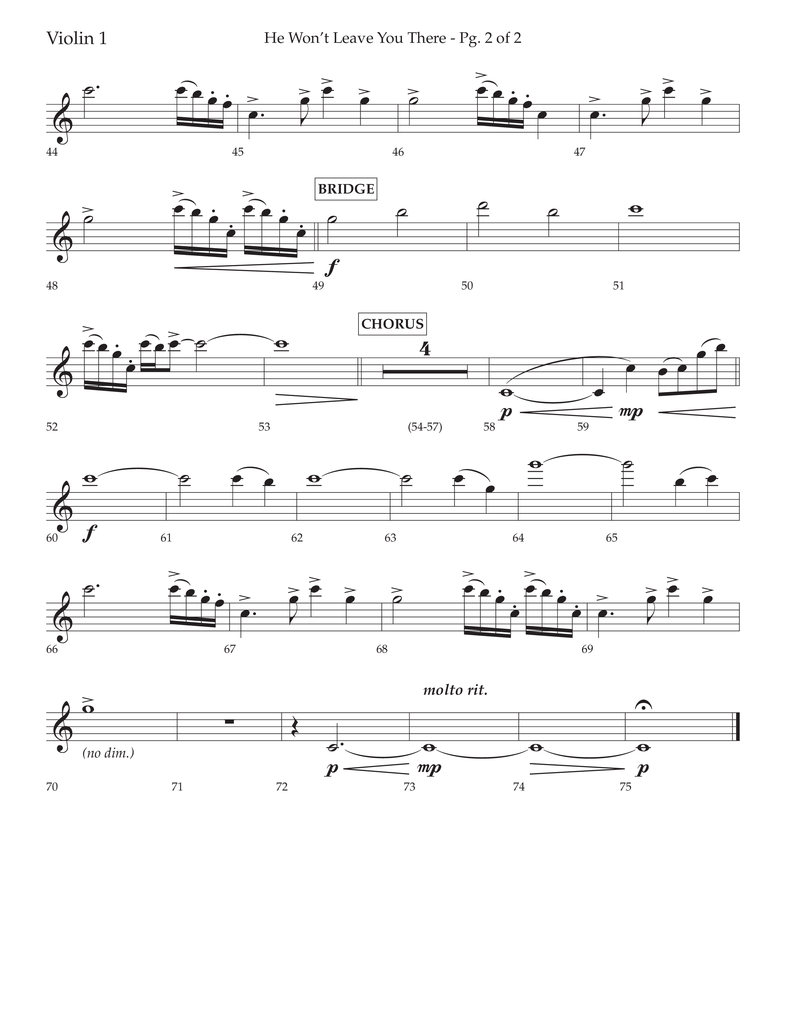 He Won't Leave You There (Choral Anthem SATB) Violin 1 (Lifeway Choral / Arr. David Wise / Orch. David Shipps)