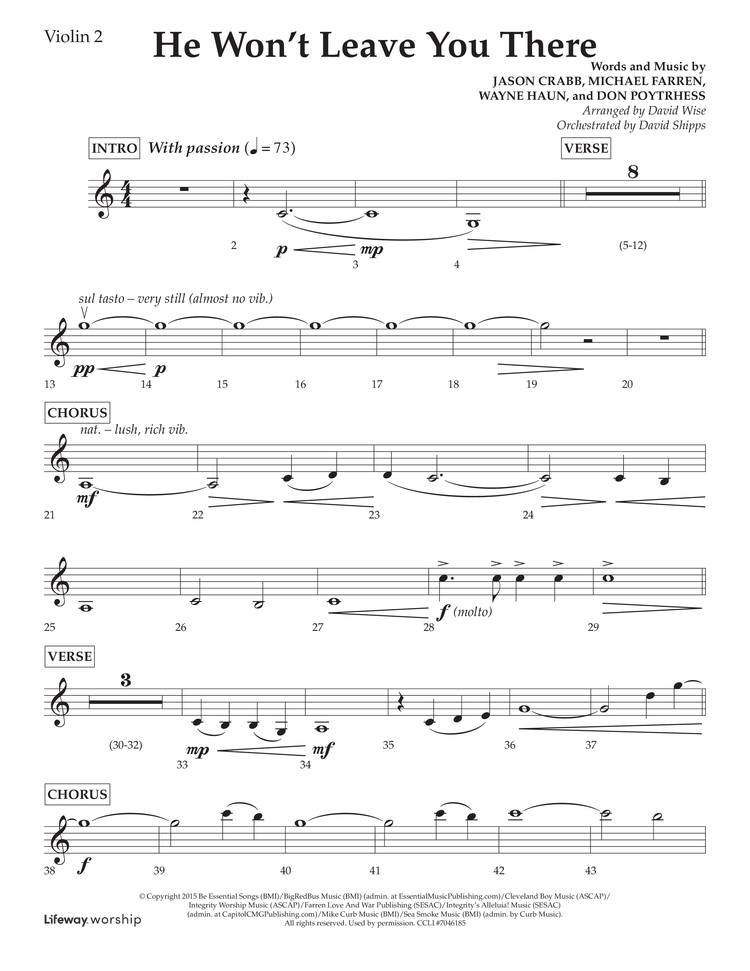 He Won't Leave You There (Choral Anthem SATB) Violin 2 (Lifeway Choral / Arr. David Wise / Orch. David Shipps)