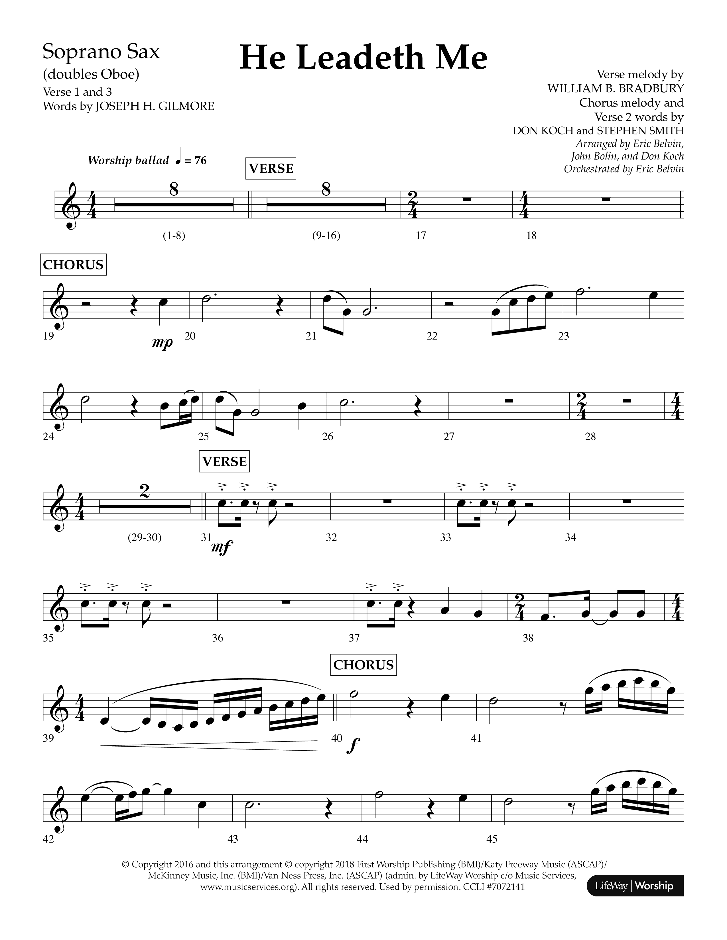 He Leadeth Me (Choral Anthem SATB) Soprano Sax (Lifeway Choral / Arr. Eric Belvin / Arr. John Bolin / Arr. Don Koch)