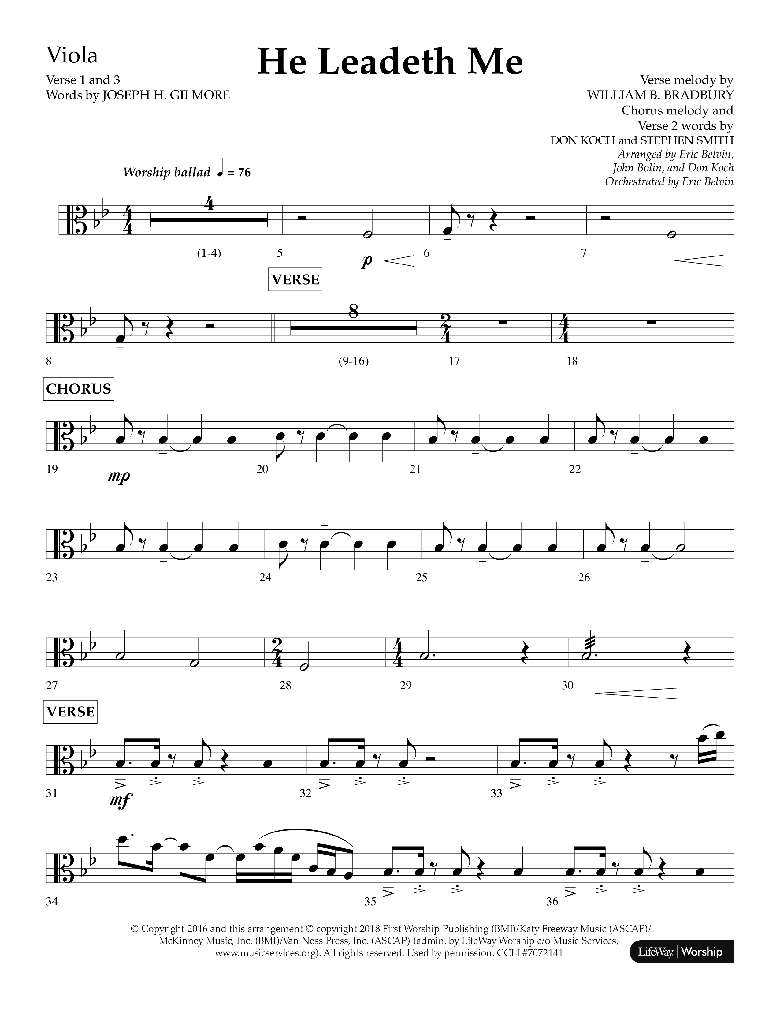 He Leadeth Me (Choral Anthem SATB) Viola (Lifeway Choral / Arr. Eric Belvin / Arr. John Bolin / Arr. Don Koch)