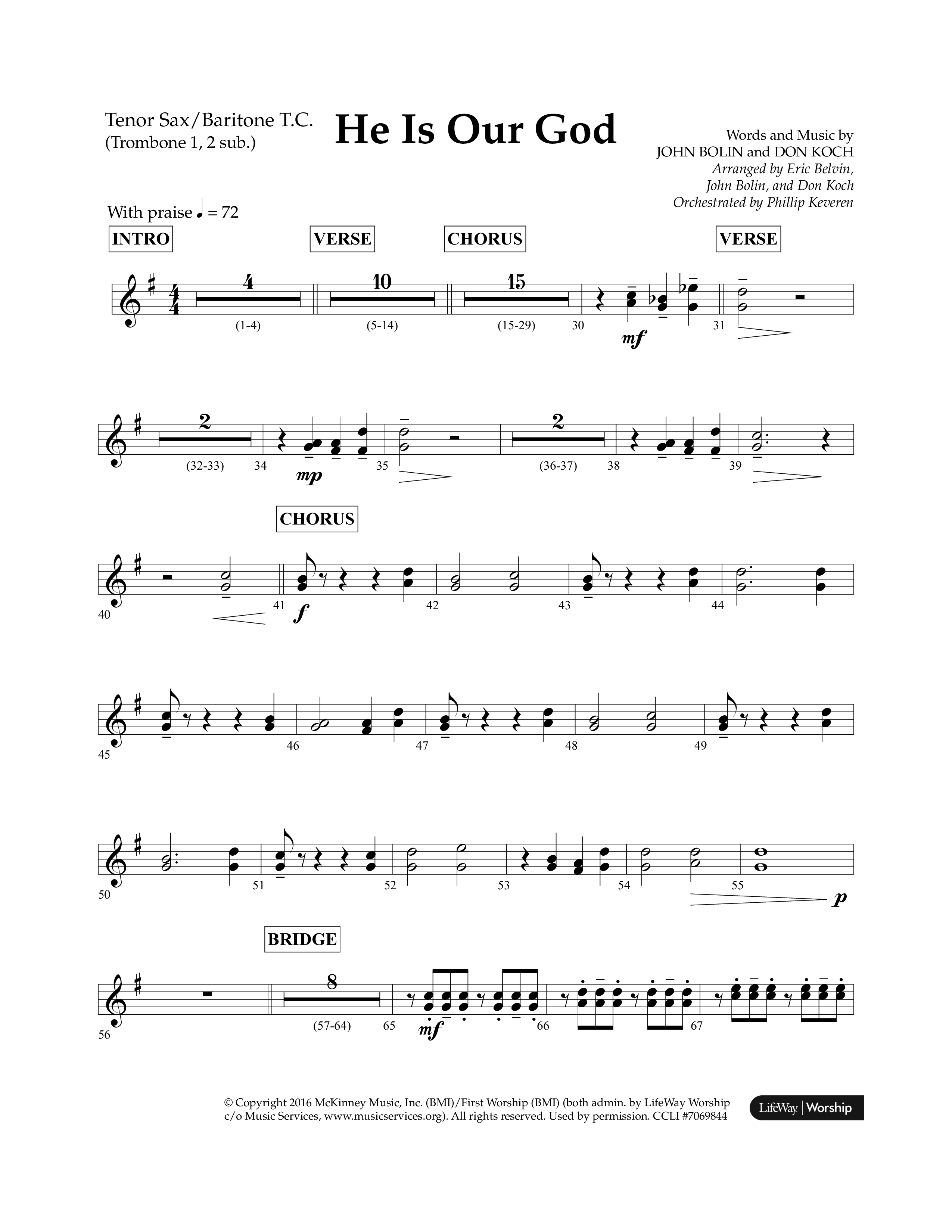 He Is Our God (Choral Anthem SATB) Tenor Sax/Baritone T.C. (Lifeway Choral / Arr. John Bolin / Arr. Don Koch / Arr. Eric Belvin / Orch. Phillip Keveren)