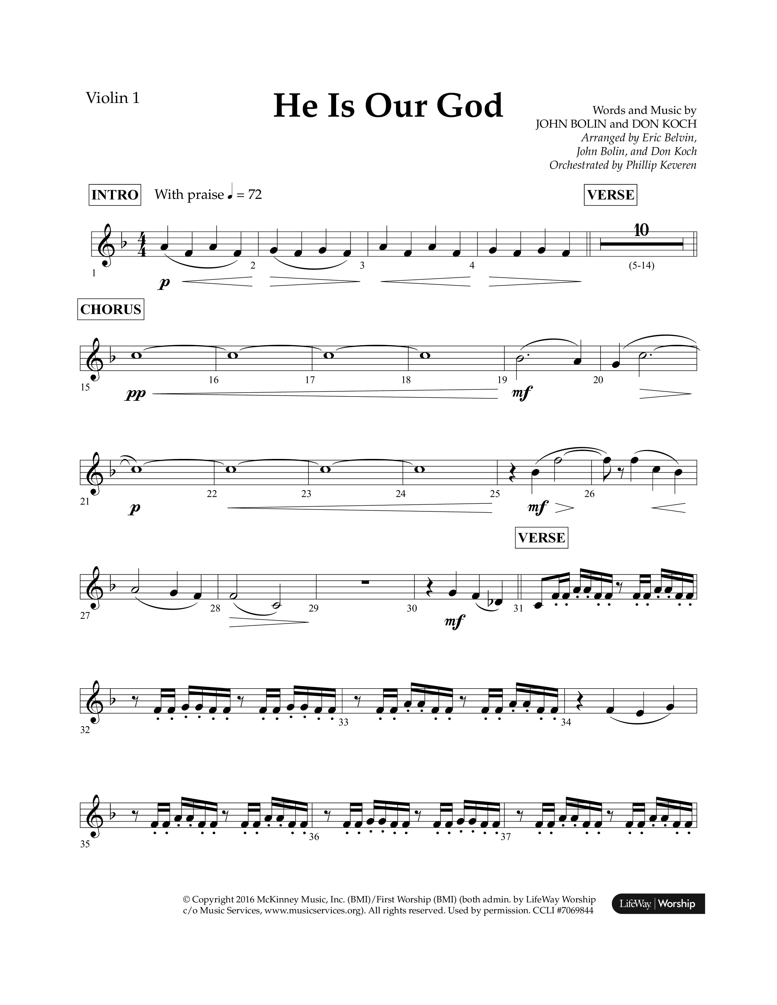 He Is Our God (Choral Anthem SATB) Violin 1 (Lifeway Choral / Arr. John Bolin / Arr. Don Koch / Arr. Eric Belvin / Orch. Phillip Keveren)