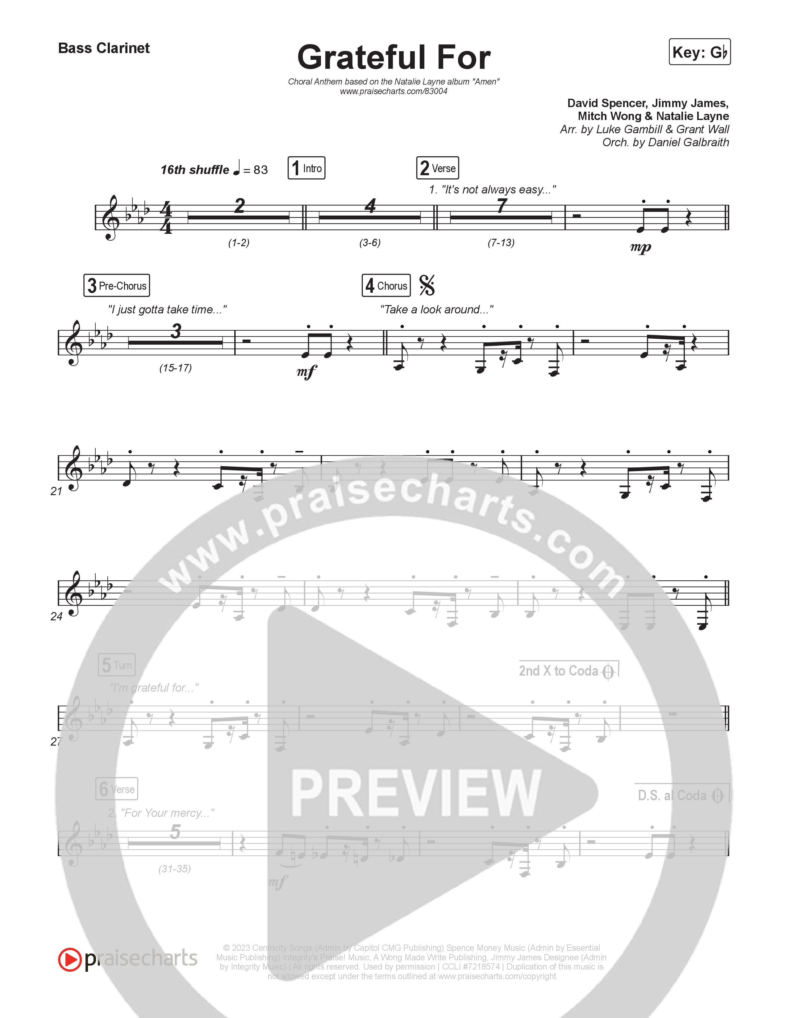 Grateful For (Choral Anthem SATB) Bass Clarinet (Natalie Layne / Arr. Luke Gambill)