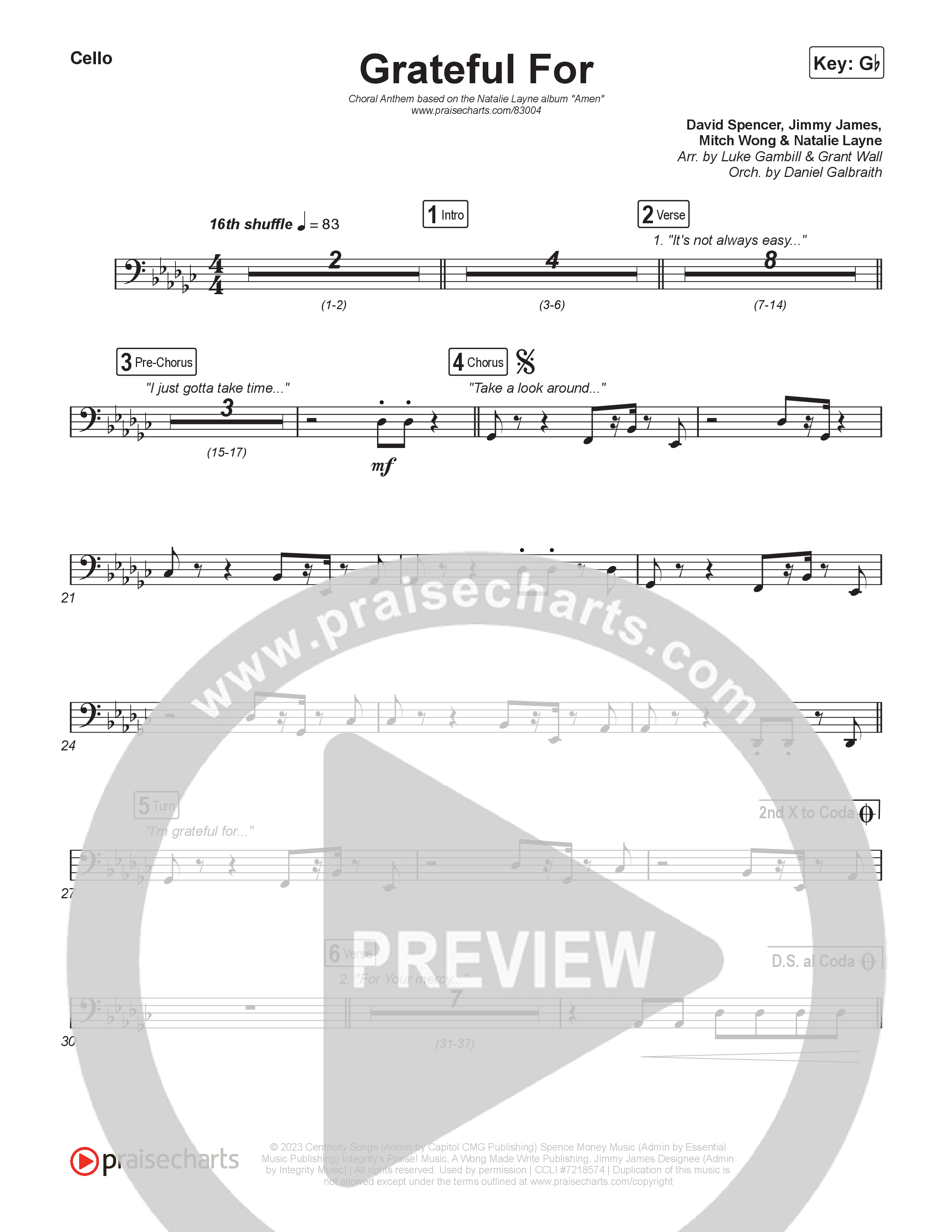 Grateful For (Choral Anthem SATB) Cello (Natalie Layne / Arr. Luke Gambill)