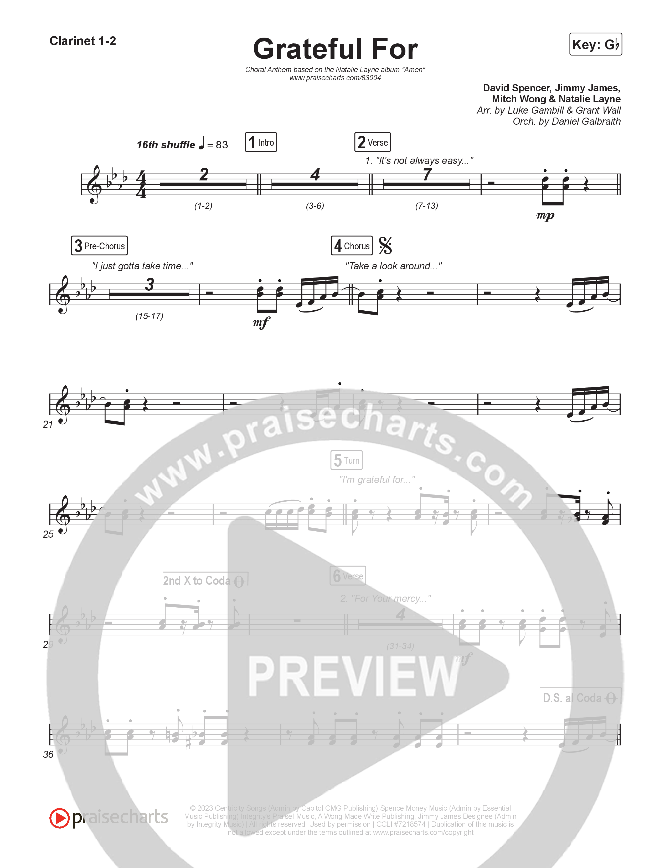 Grateful For (Choral Anthem SATB) Clarinet 1/2 (Natalie Layne / Arr. Luke Gambill)