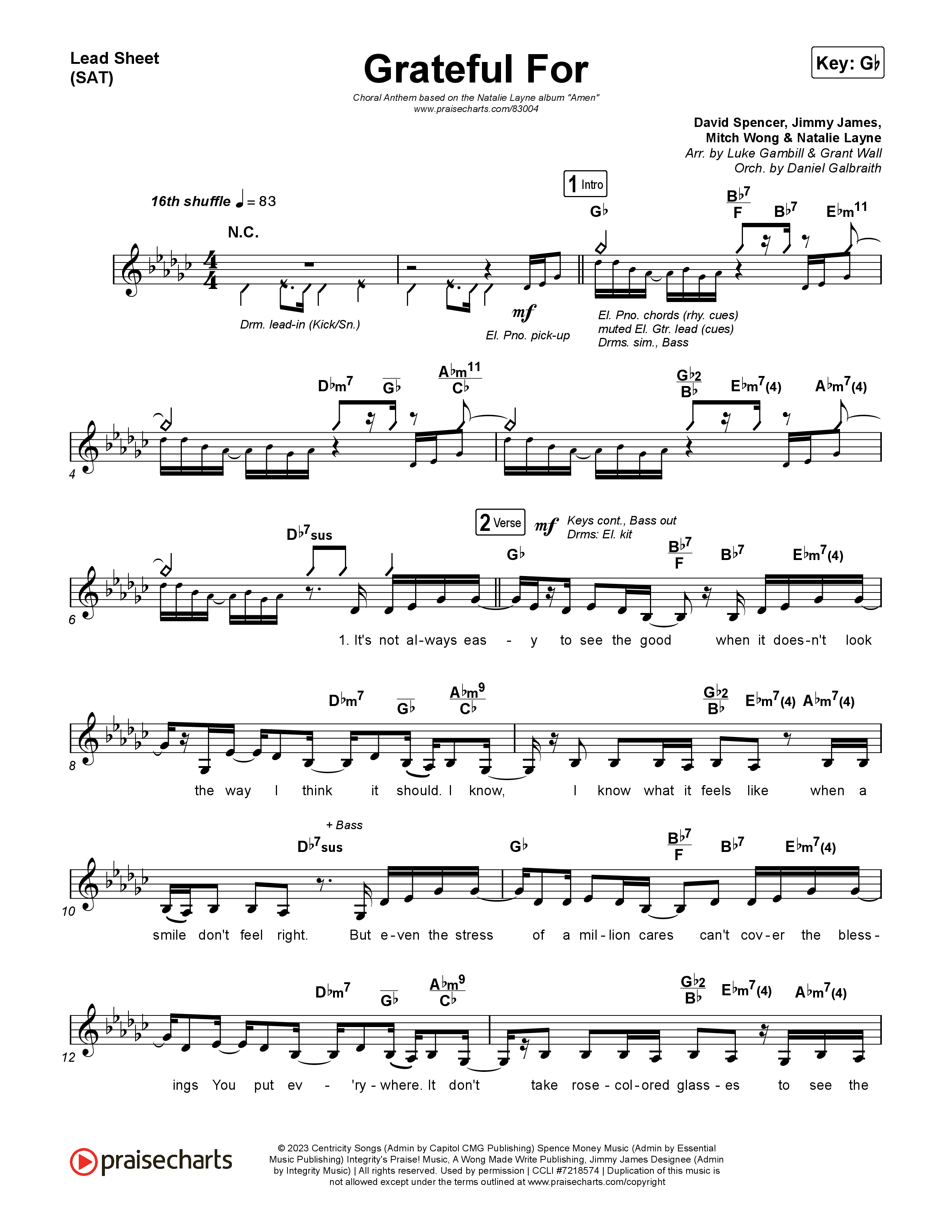 Grateful For (Choral Anthem SATB) Lead Sheet (SAT) (Natalie Layne / Arr. Luke Gambill)