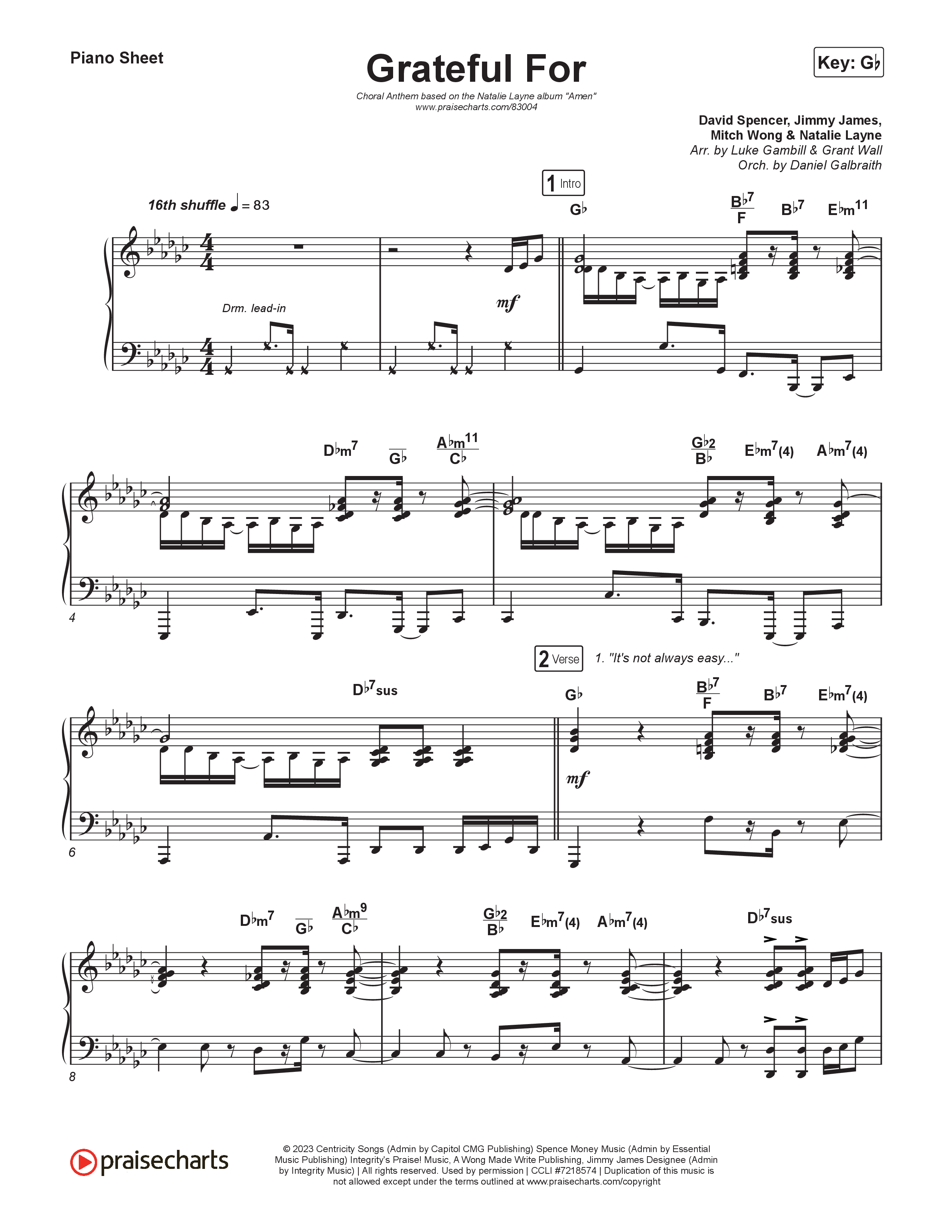 Grateful For (Choral Anthem SATB) Piano Sheet (Natalie Layne / Arr. Luke Gambill)
