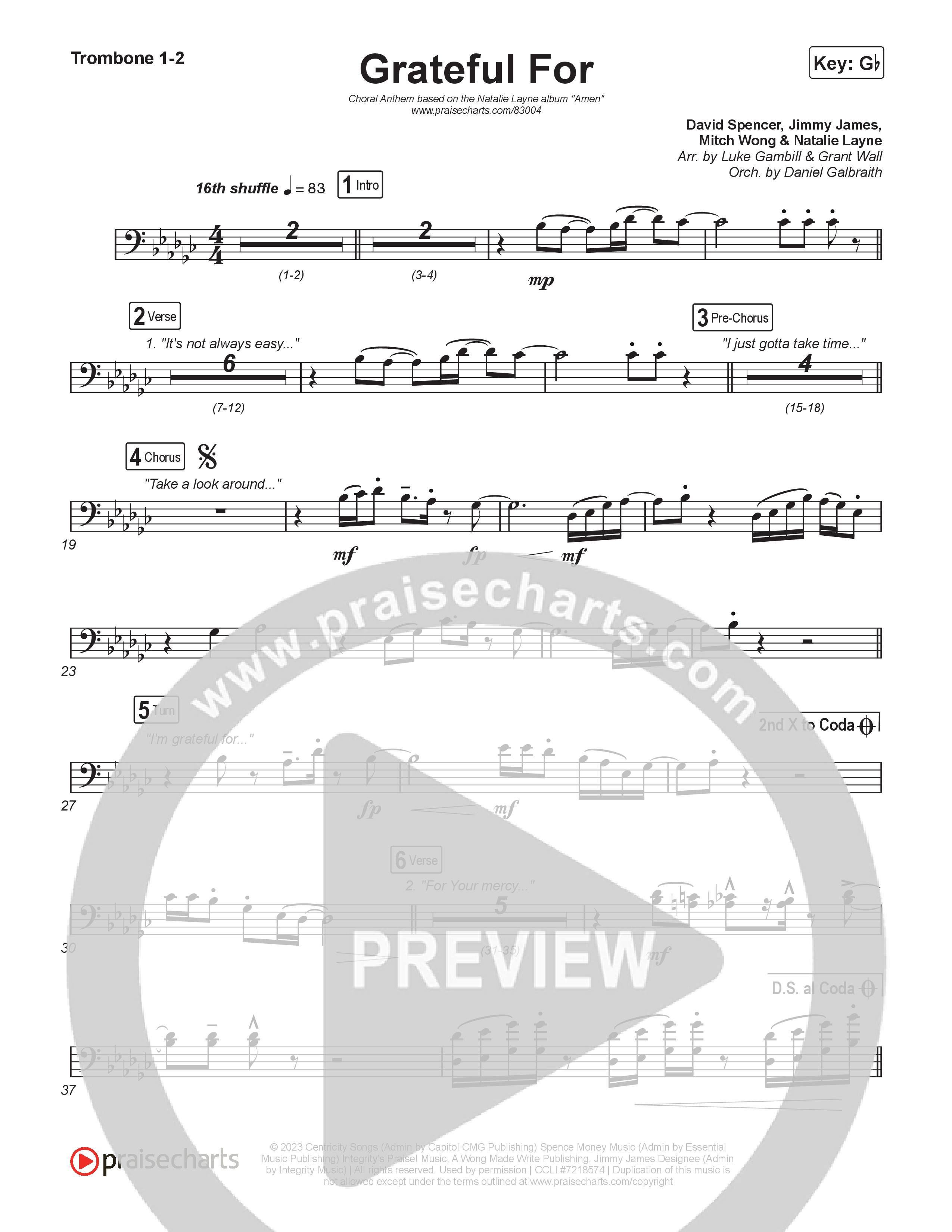 Grateful For (Choral Anthem SATB) Trombone 1,2 (Natalie Layne / Arr. Luke Gambill)