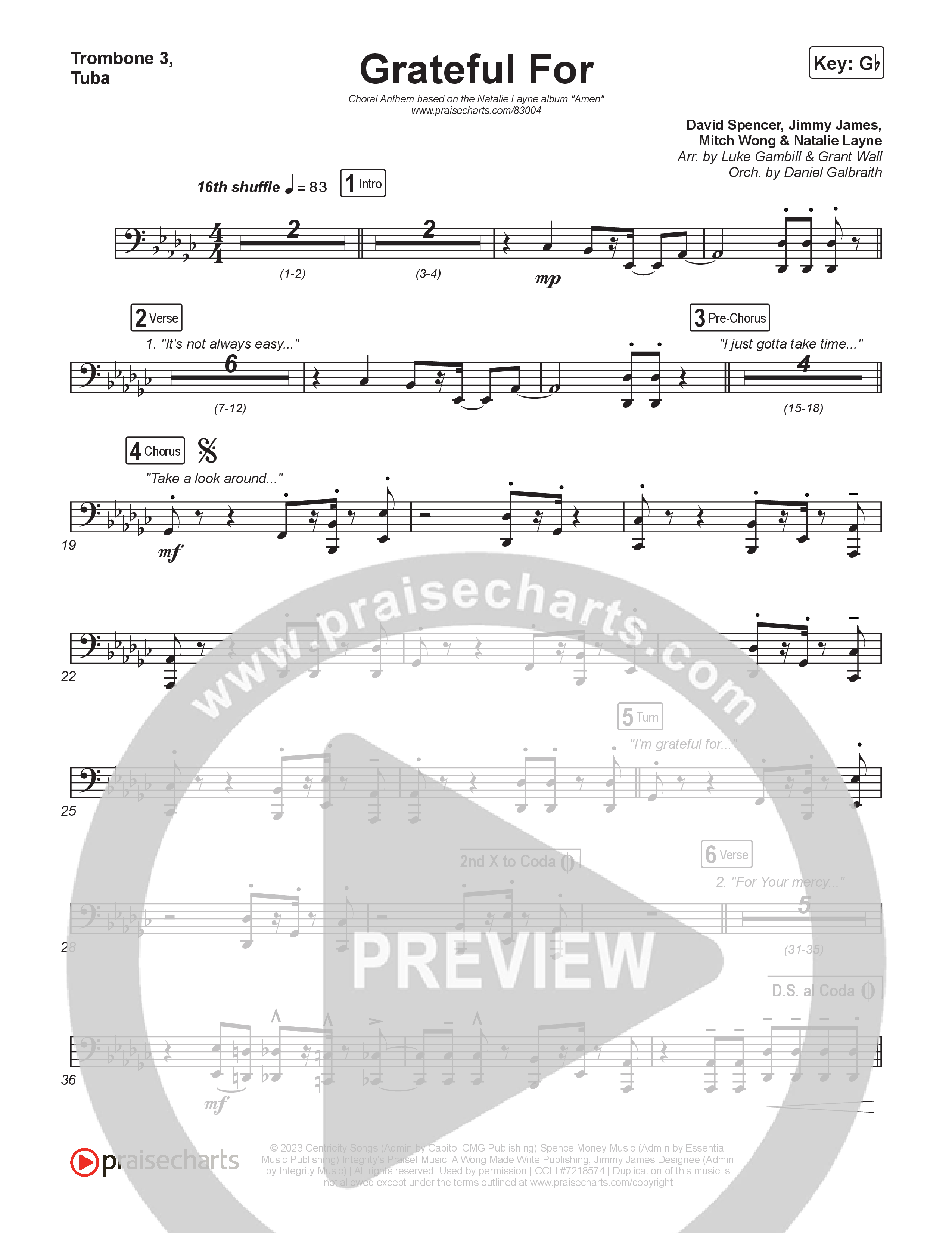 Grateful For (Choral Anthem SATB) Trombone 3/Tuba (Natalie Layne / Arr. Luke Gambill)
