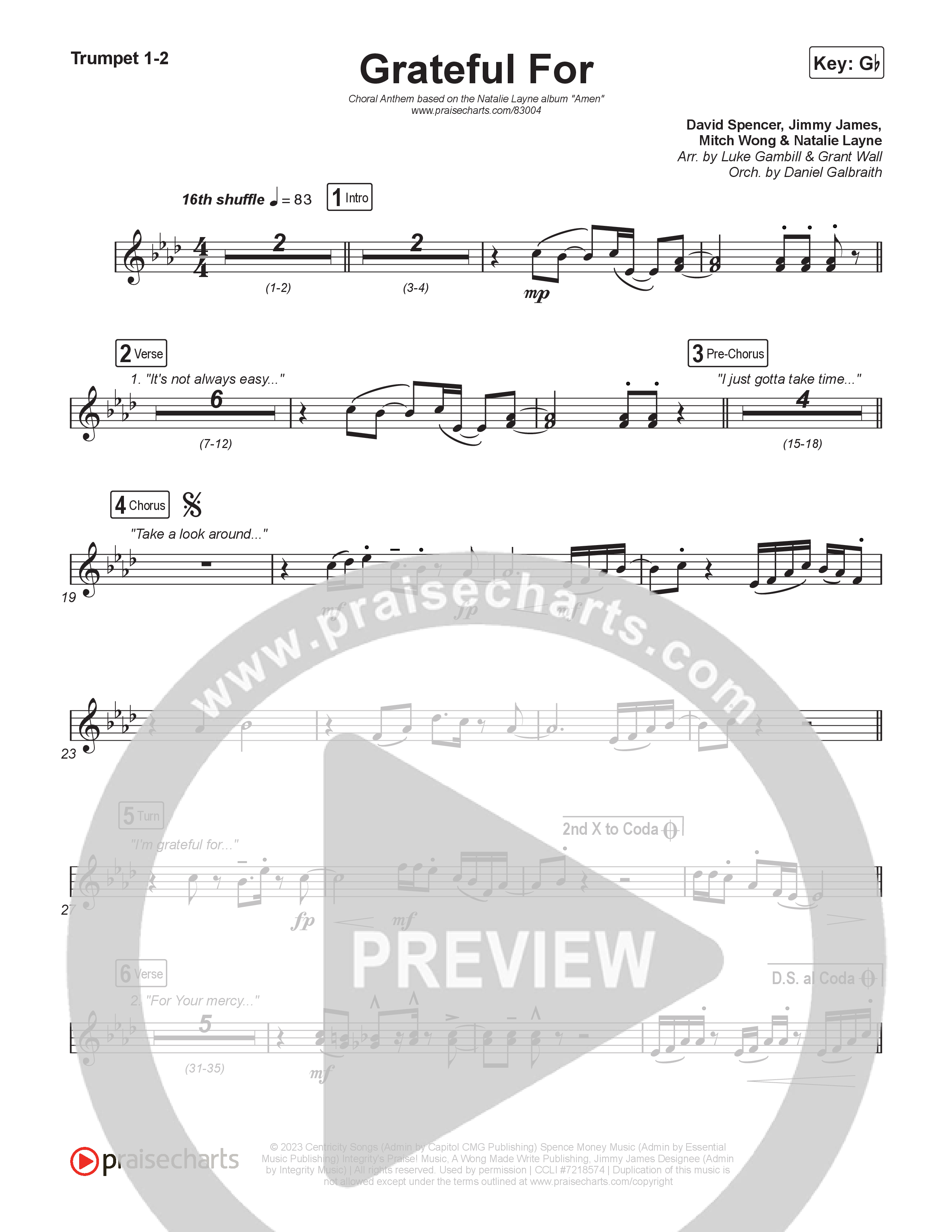 Grateful For (Choral Anthem SATB) Trumpet 1,2 (Natalie Layne / Arr. Luke Gambill)