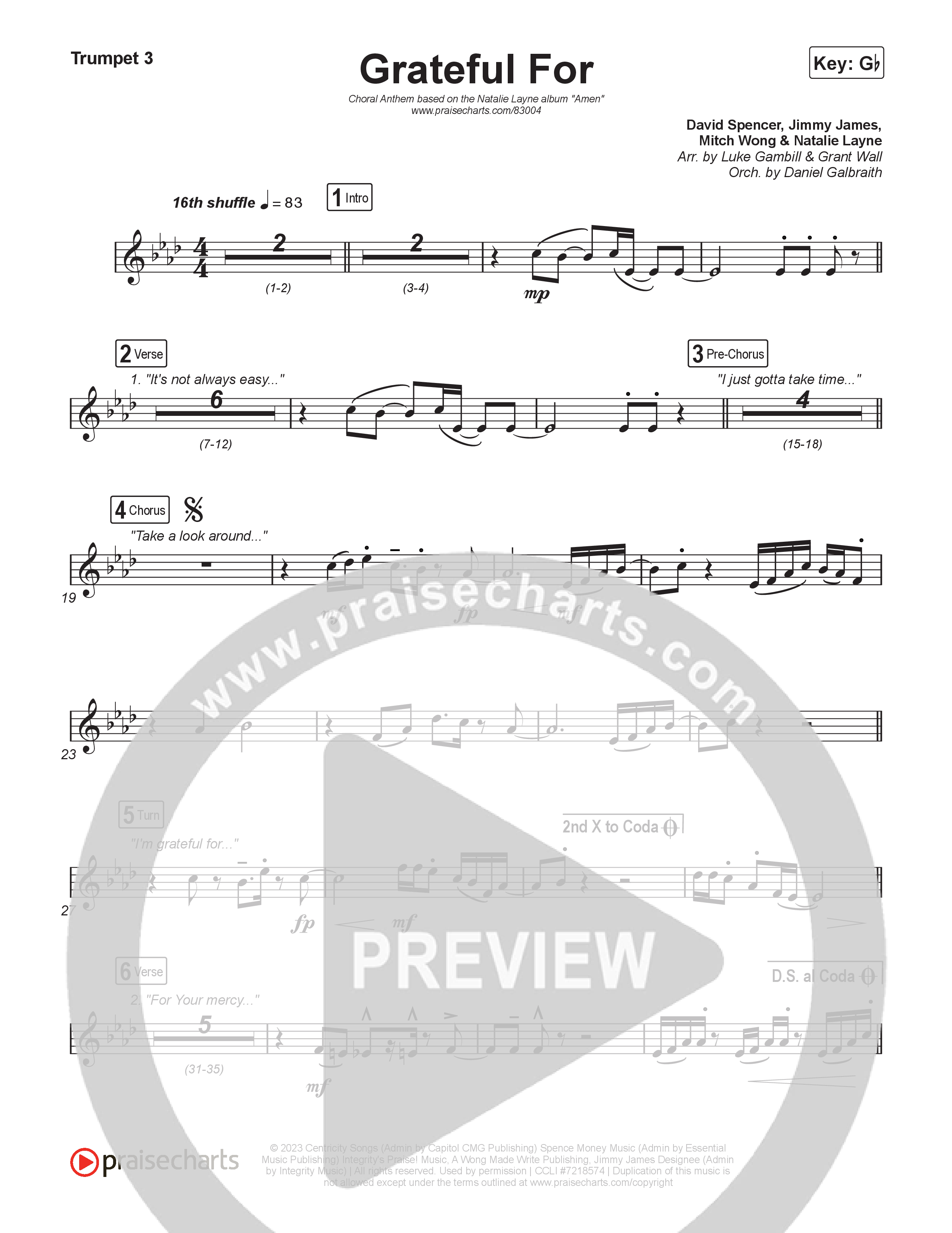 Grateful For (Choral Anthem SATB) Trumpet 1,2 (Natalie Layne / Arr. Luke Gambill)