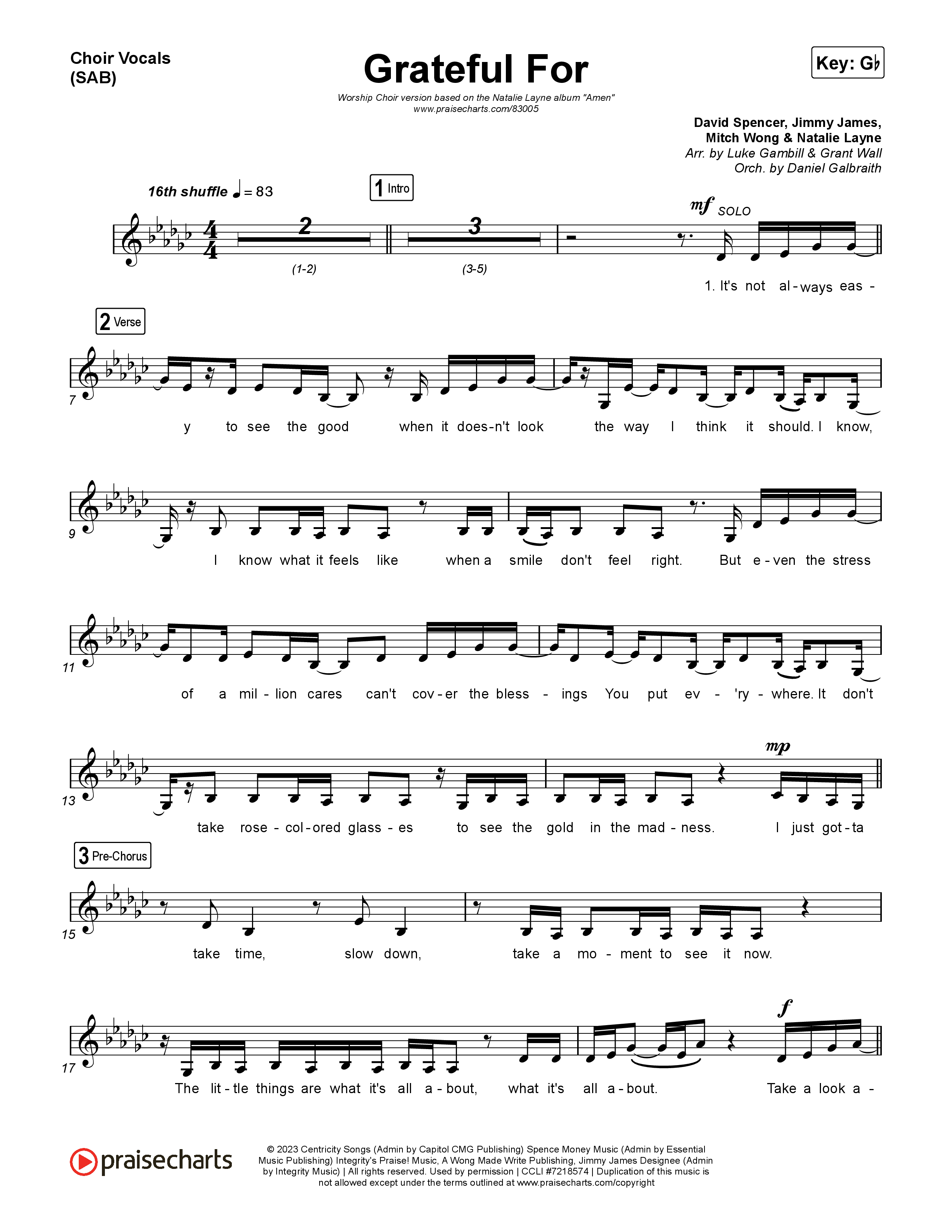 Grateful For (Worship Choir/SAB) Choir Sheet (SAB) (Natalie Layne / Arr. Luke Gambill)