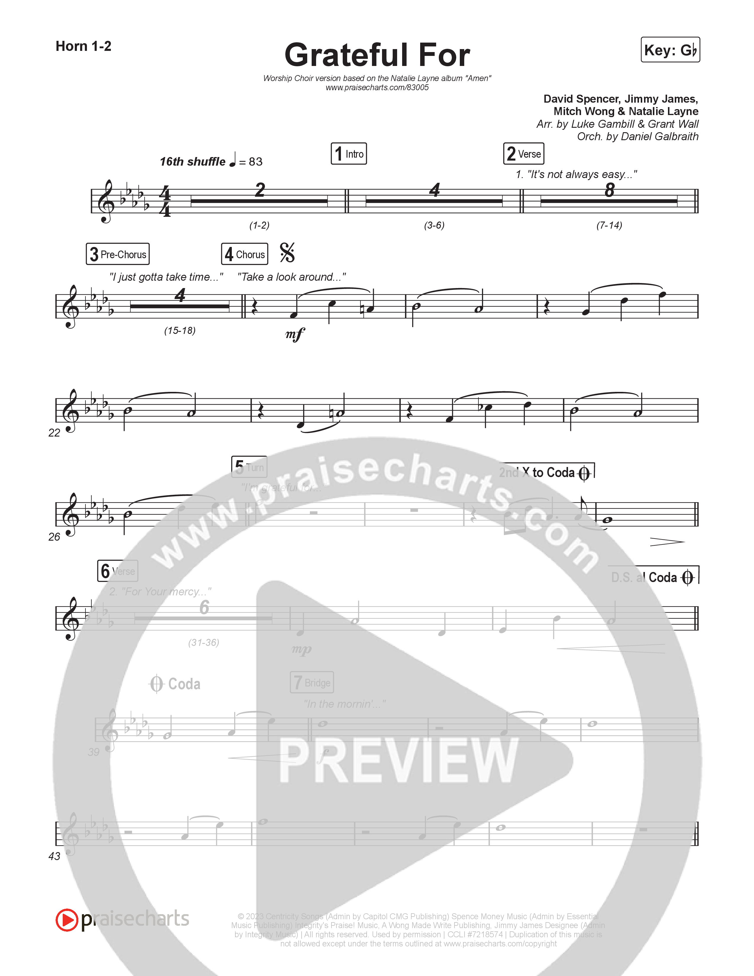 Grateful For (Worship Choir/SAB) French Horn 1/2 (Natalie Layne / Arr. Luke Gambill)